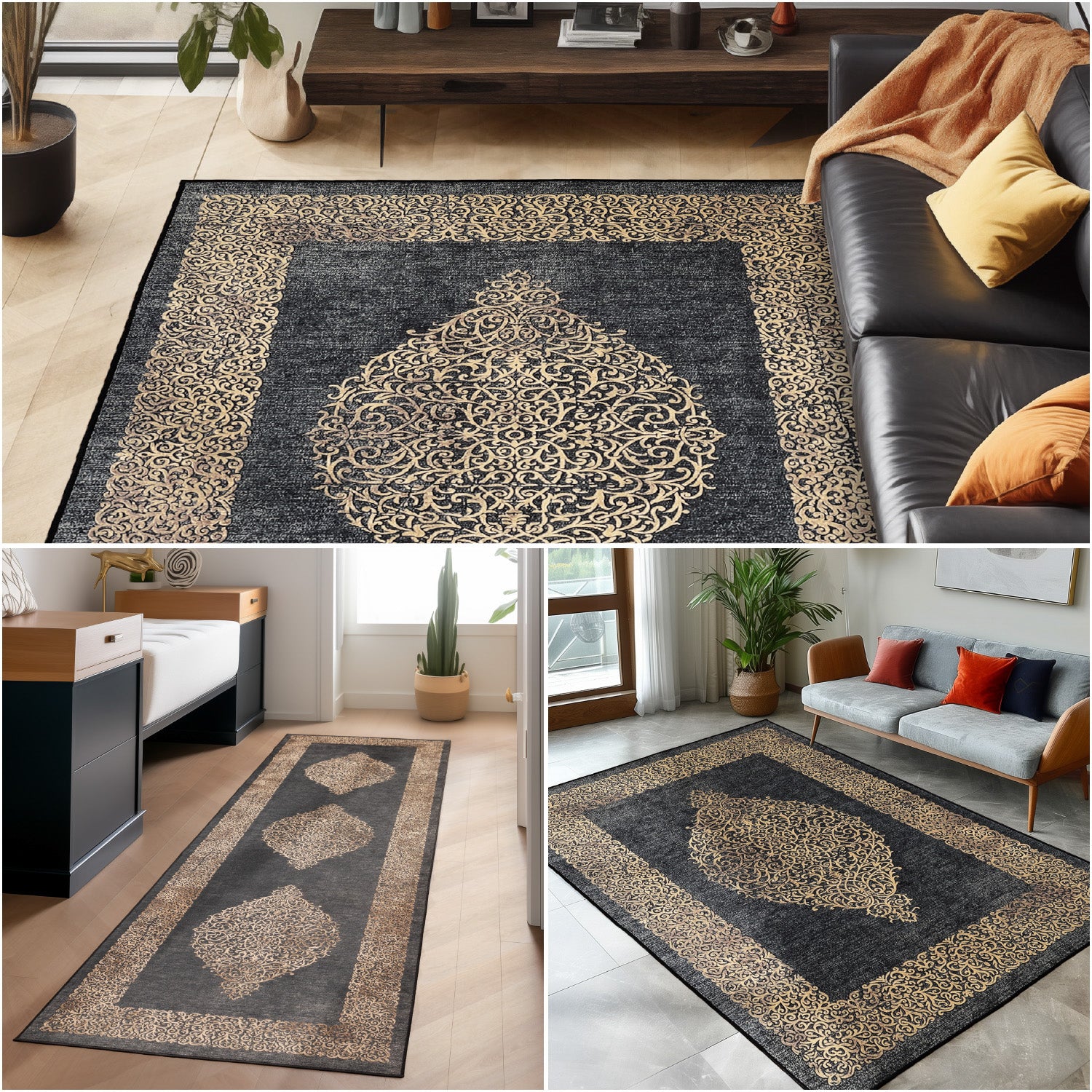Tapis lavable salon tissage plat robuste design baroque antidérapant