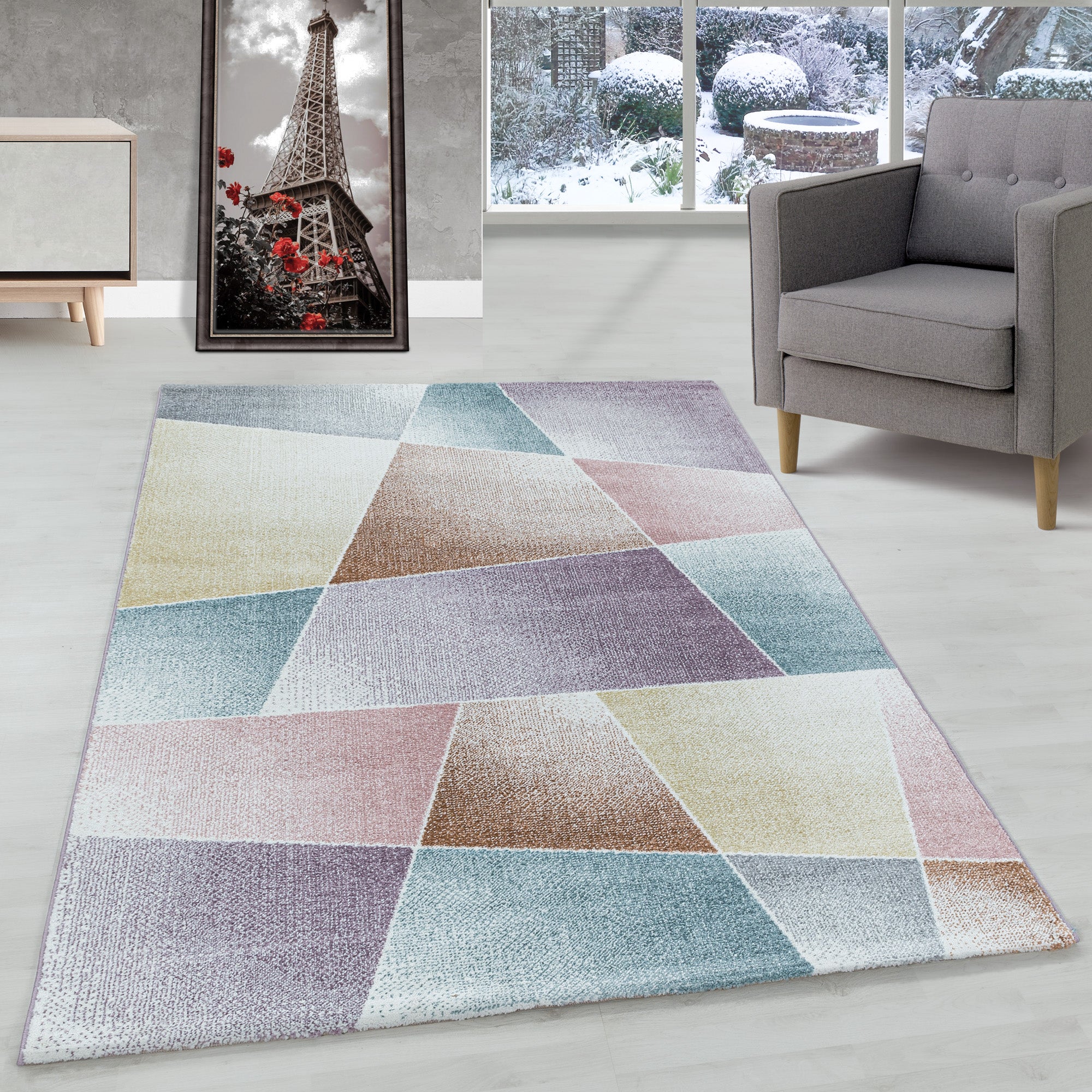 Tapis de salon design moderne à poils ras, design abstrait, robuste, facile d'entretien.