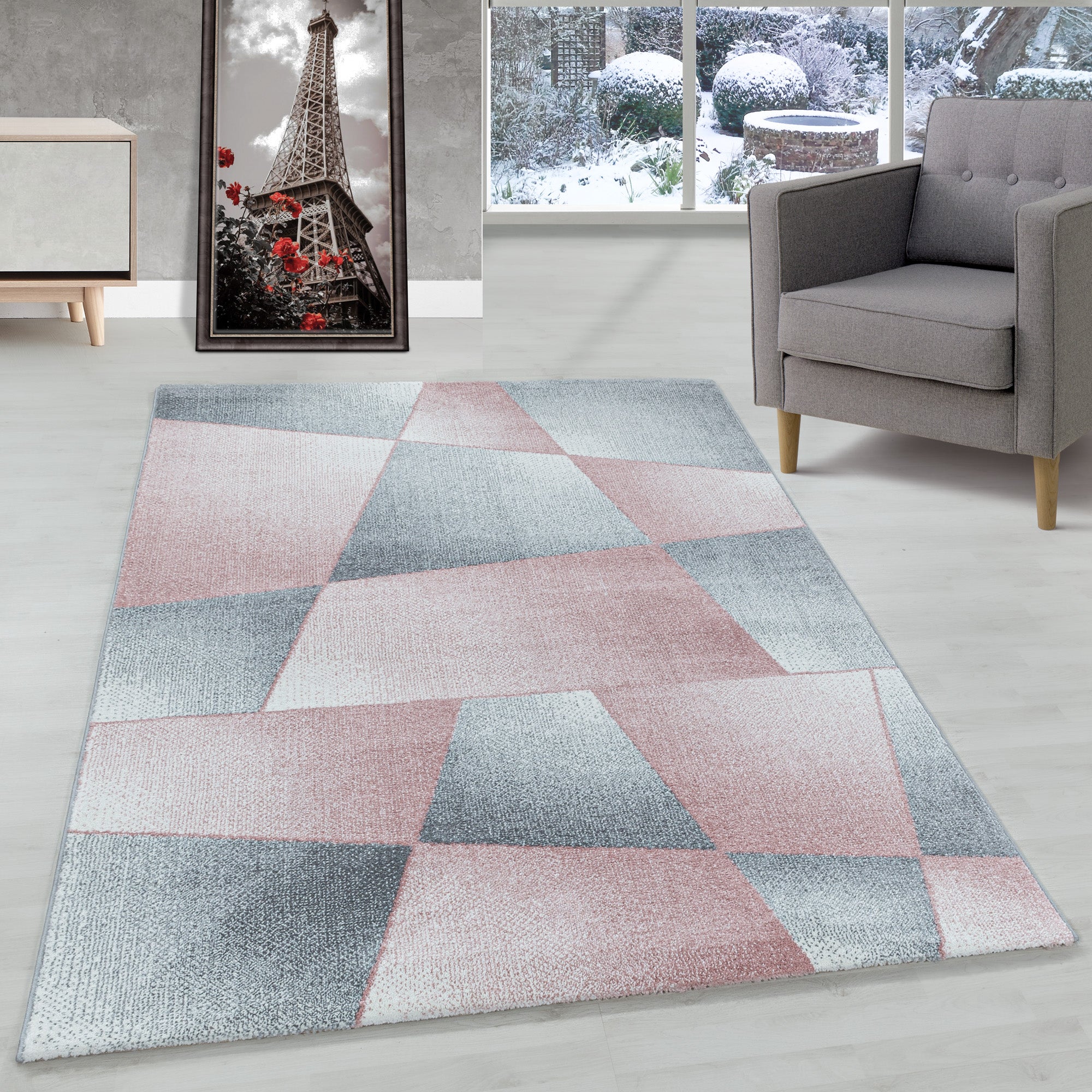 Tapis de salon design moderne à poils ras, design abstrait, robuste, facile d'entretien.