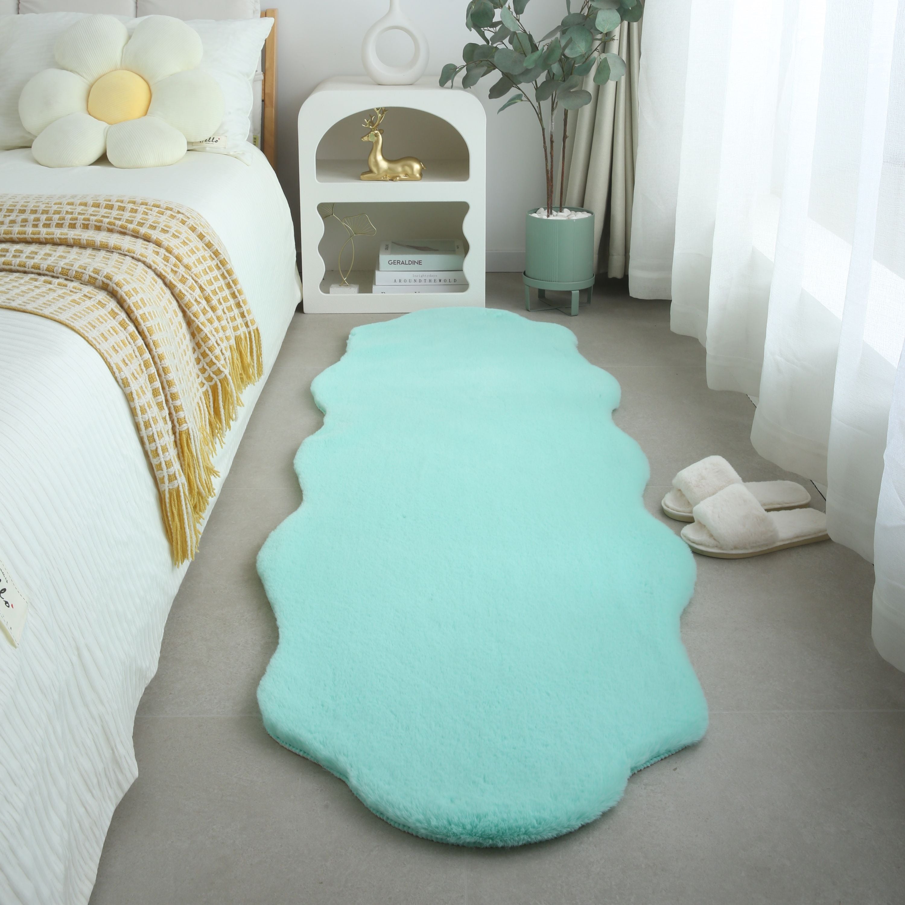 Rug plush plain sheepskin shape faux fur rug bedroom fur look