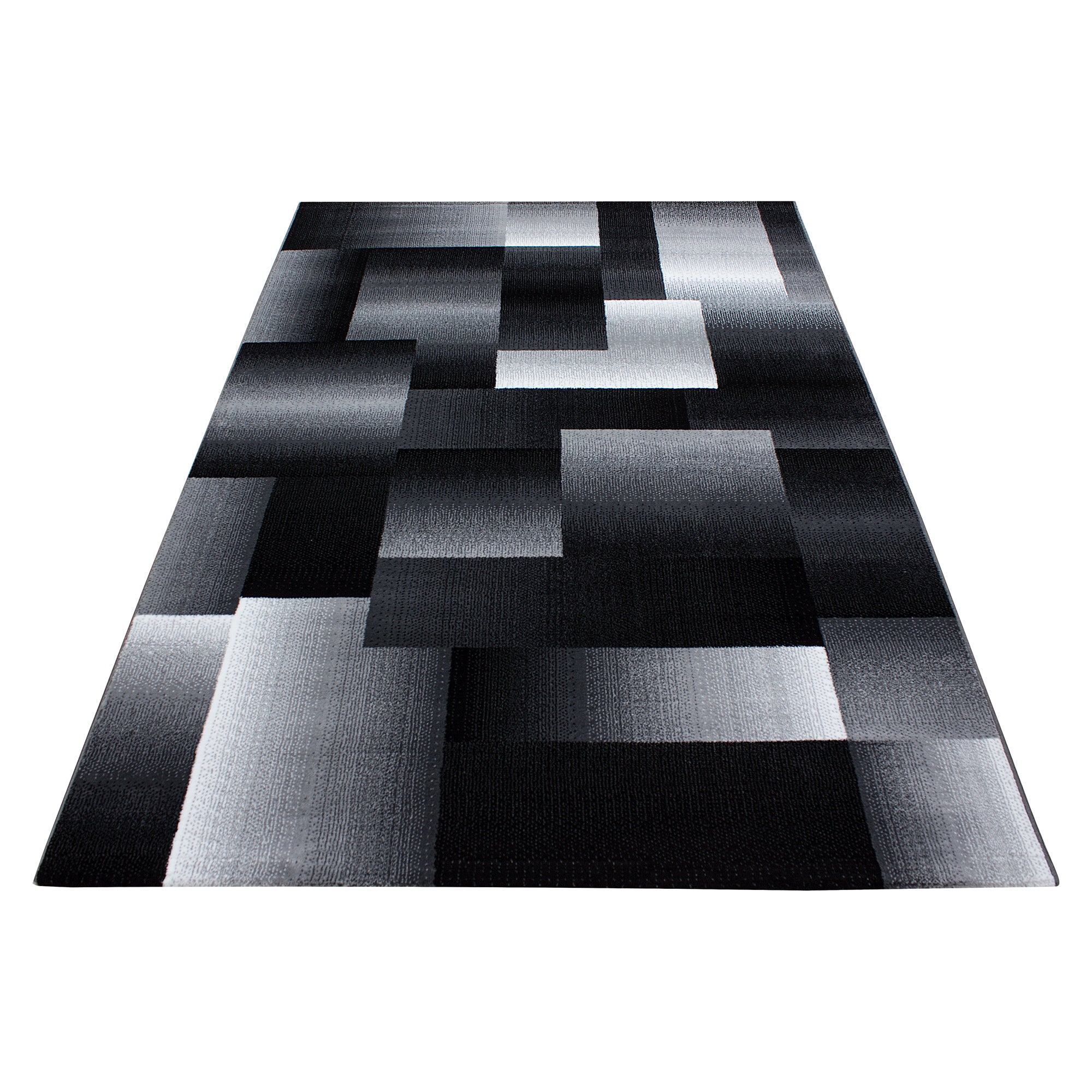 Modern short pile carpet for living room, abstract checkered design, black, easy to care for