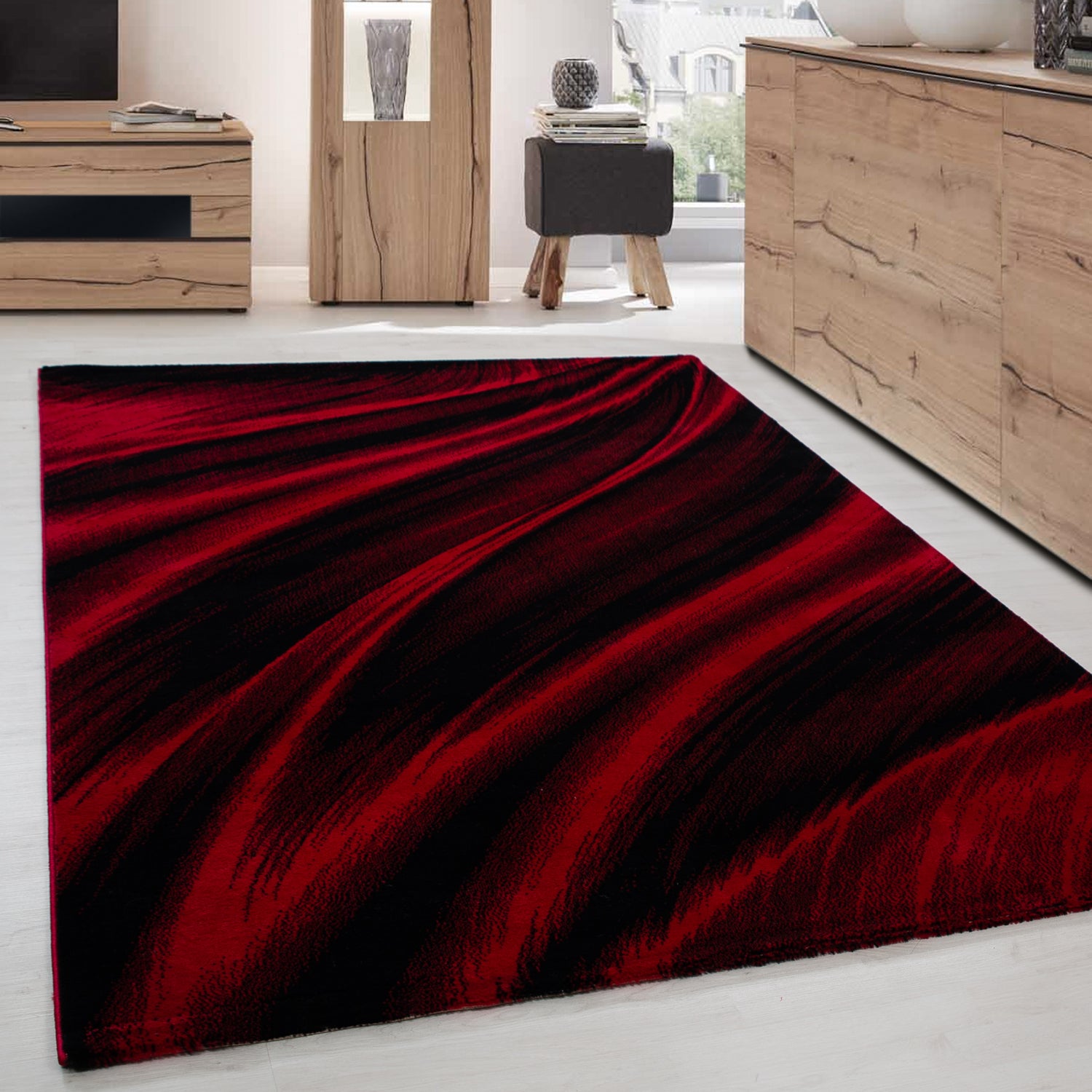 Modern short pile rug for living room, abstract wave design, easy to care for