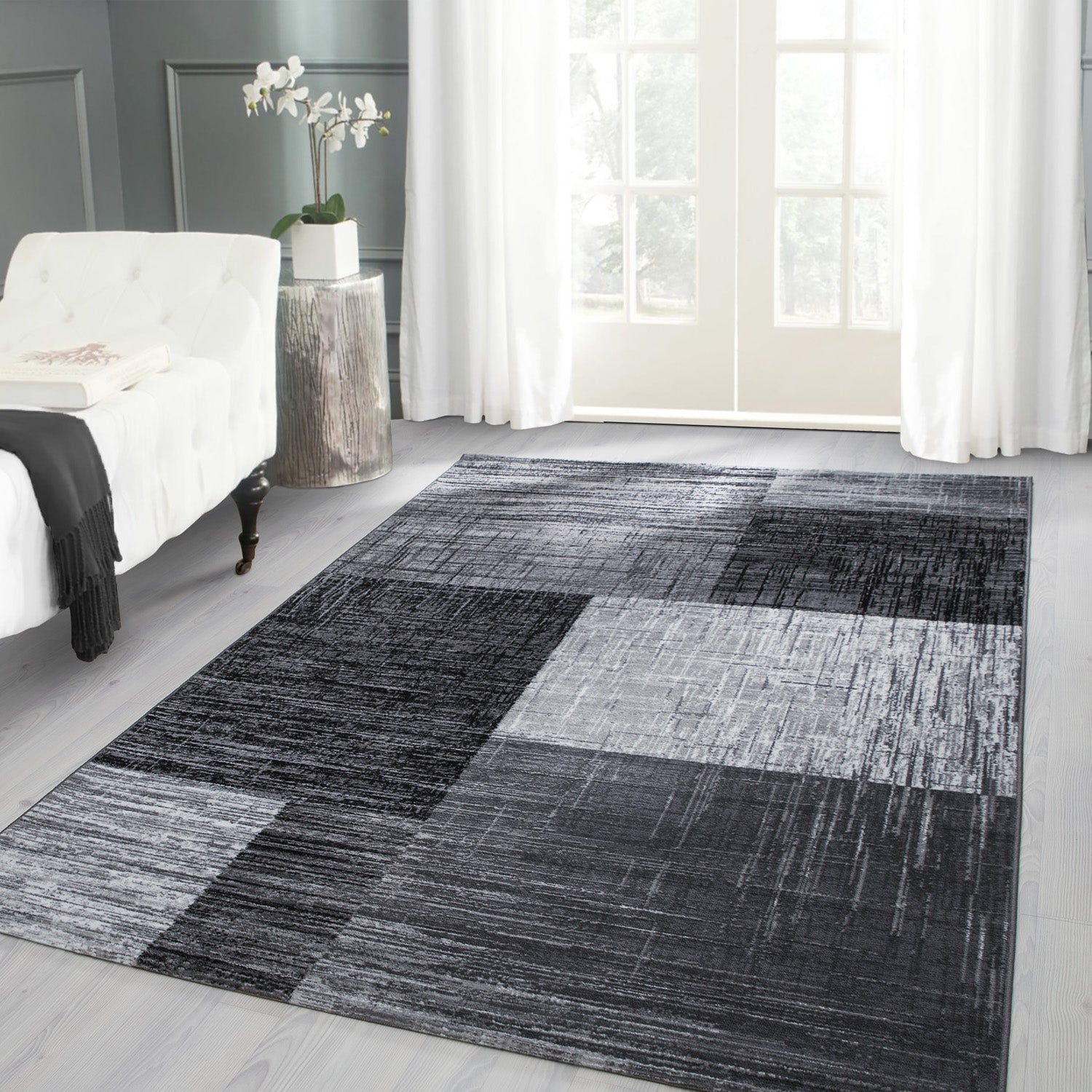 Tapis moderne à poils courts pour le salon, motif à carreaux abstrait, doux, facile d'entretien.