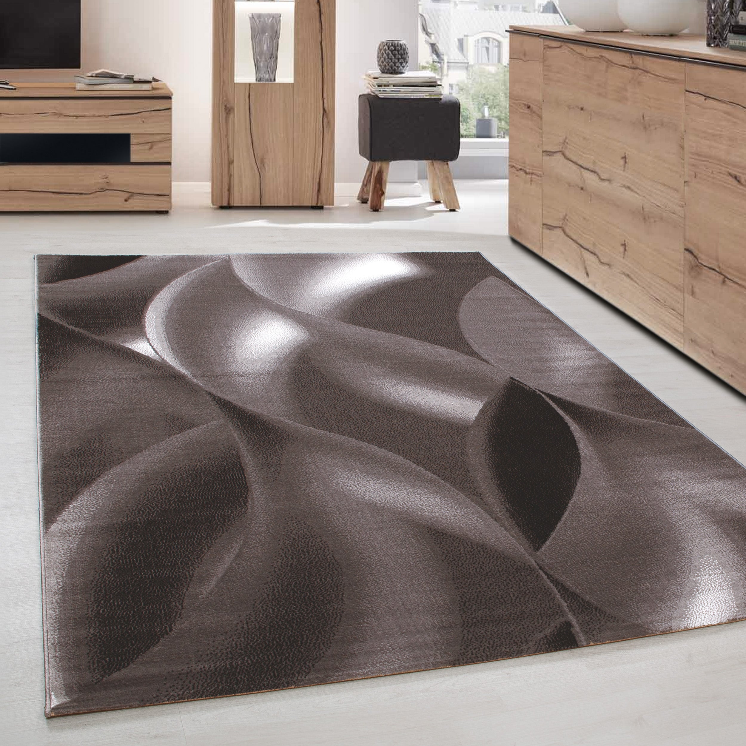 Tapis moderne à poils courts pour le salon, motif vagues abstrait, facile d'entretien.