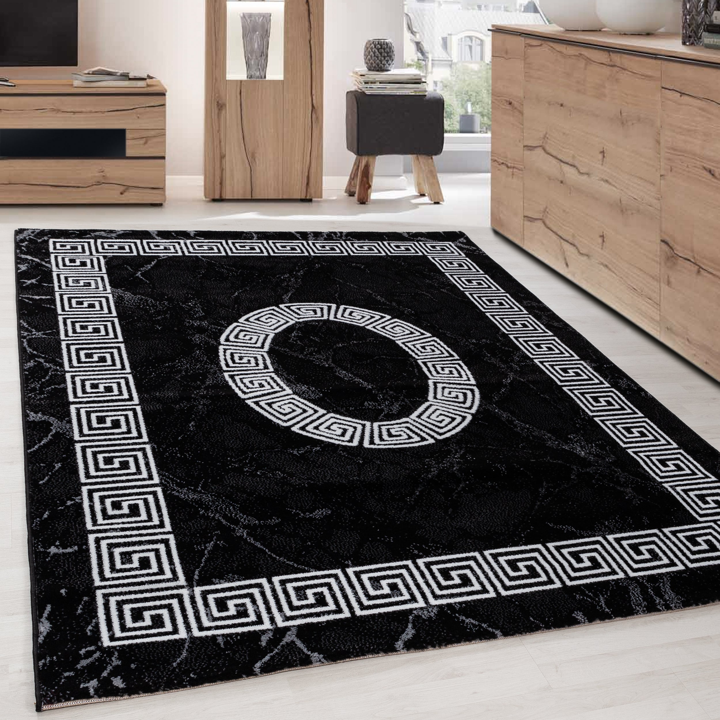 Modern Kurzflor Teppich Wohnzimmer Mäander Design Weich Pflegeleicht