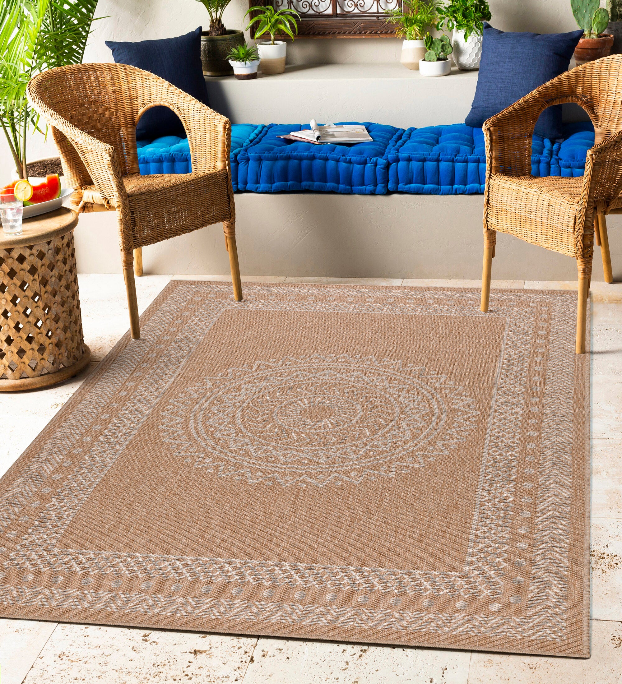 Indoor & Outdoor Rug Weatherproof Vintage Design Natural Look Kitchen Balcony Patio