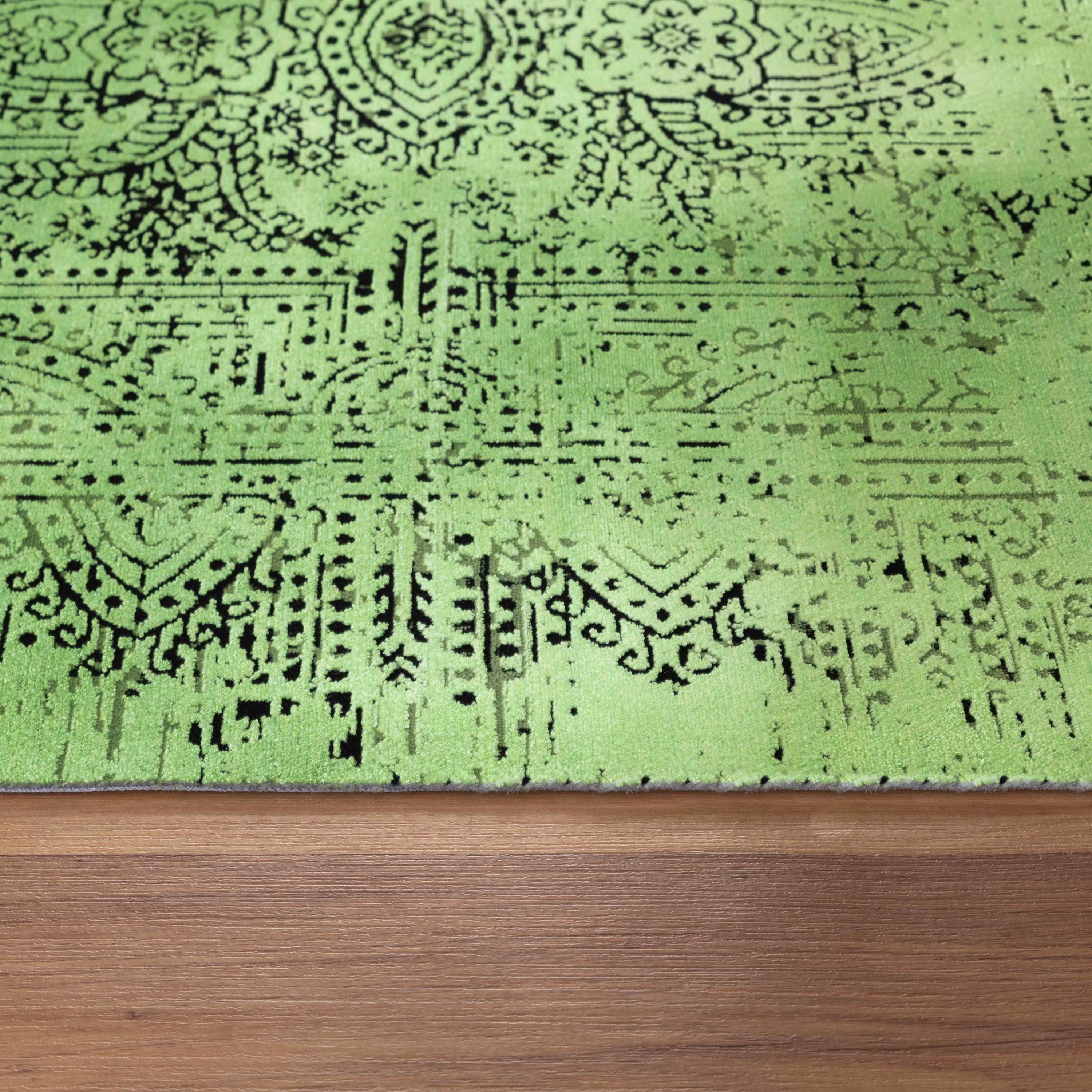 Tapis fin à poils courts, design vintage, aspect viscose, doux, pour salon