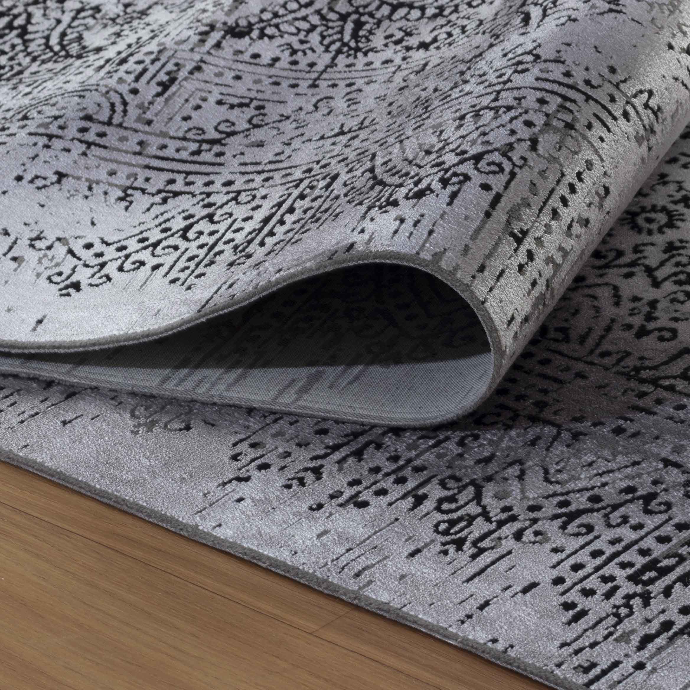 Tapis fin à poils courts, design vintage, aspect viscose, doux, pour salon