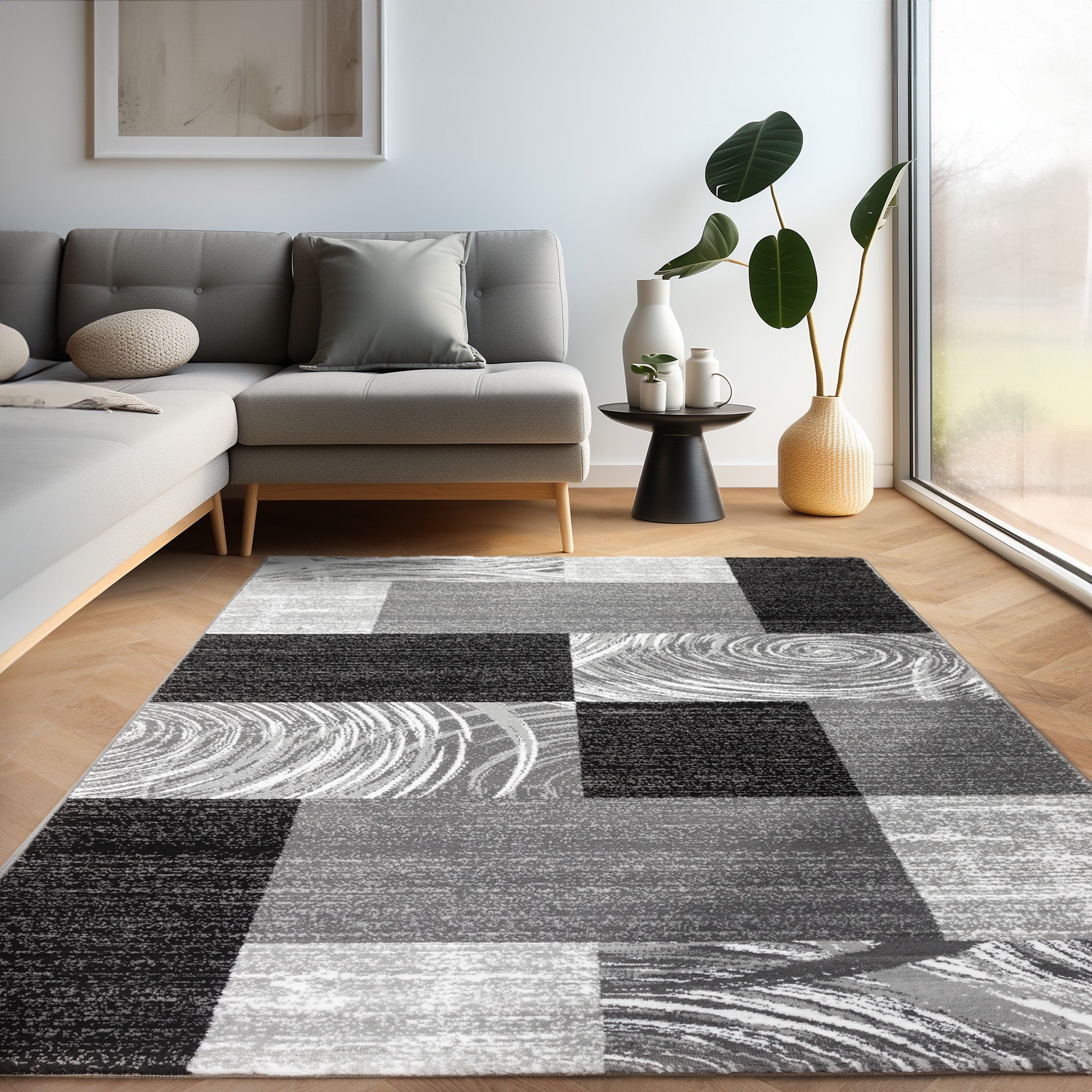 Tapis Salon Chambre Moderne Poils Courts Abstrait Conception À Carreaux Robuste