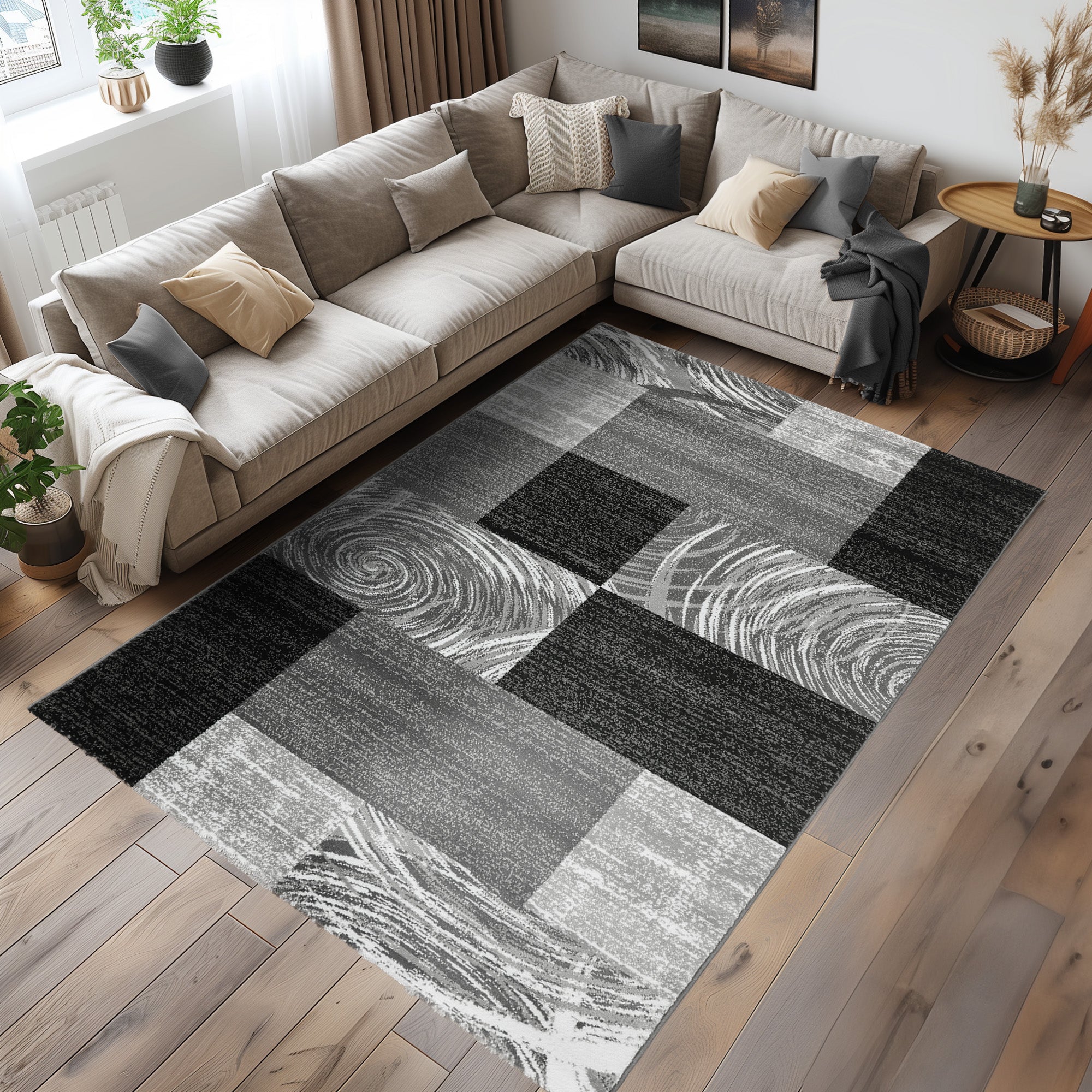 Tapis Salon Chambre Moderne Poils Courts Abstrait Conception À Carreaux Robuste