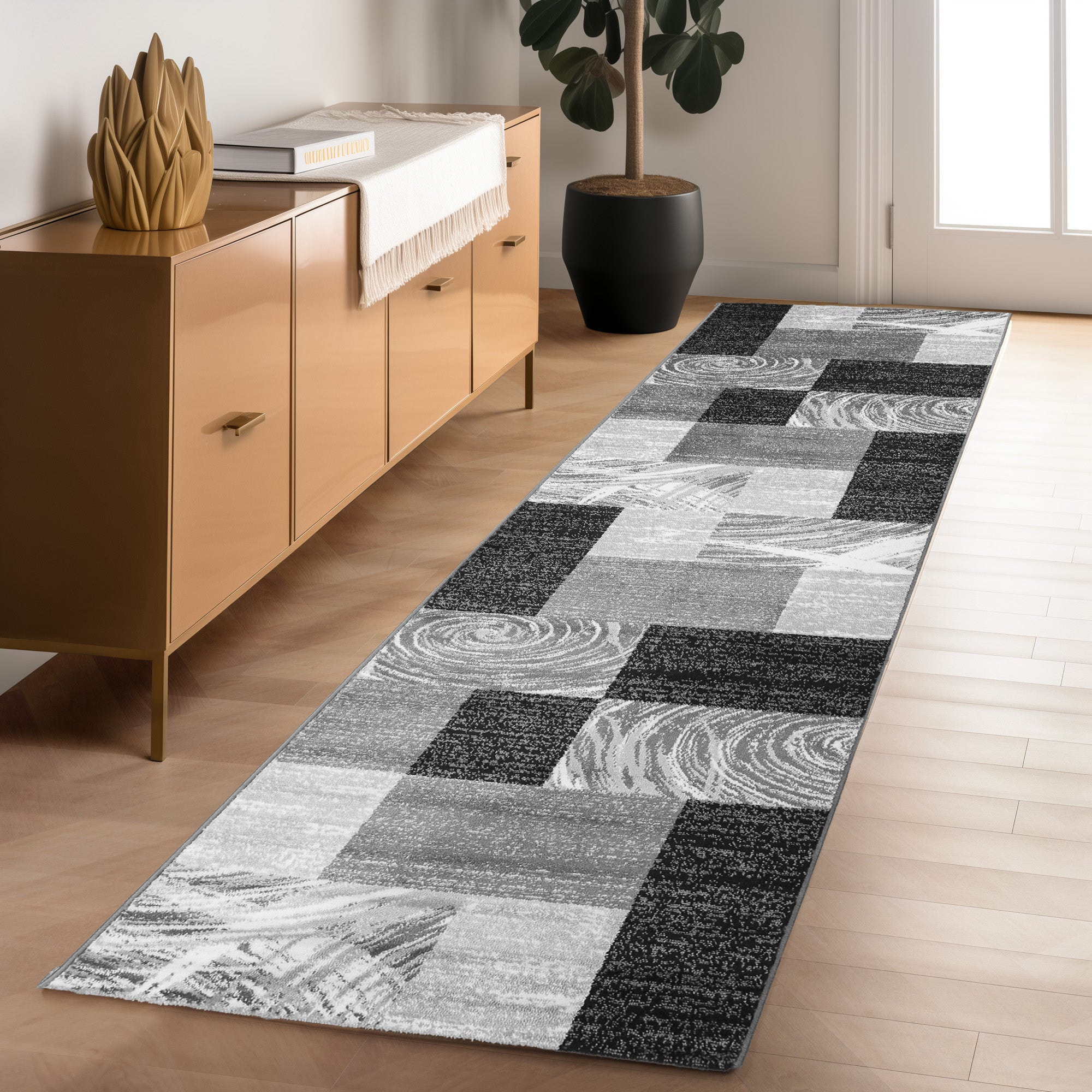 Tapis Salon Chambre Moderne Poils Courts Abstrait Conception À Carreaux Robuste