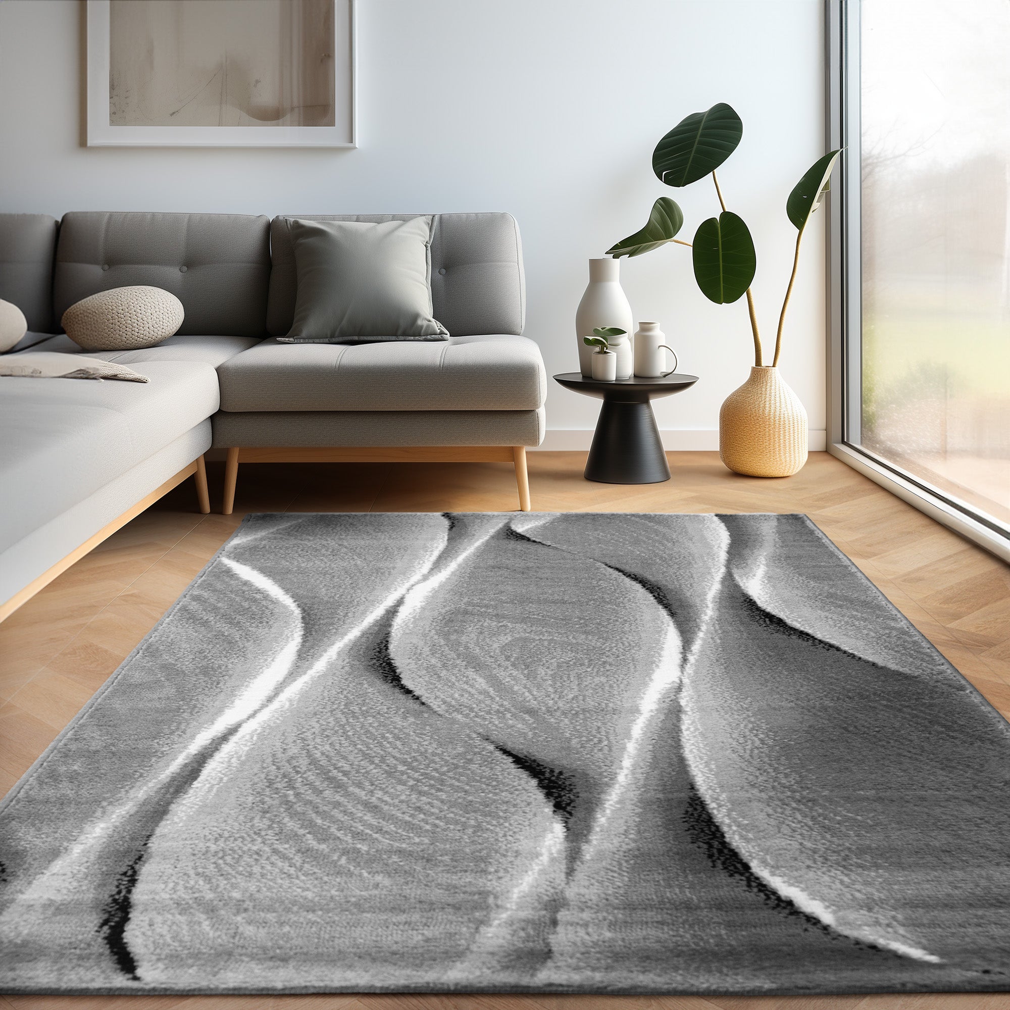 Carpet Living Room Bedroom Modern Short Pile Waves Wood Design Robust Soft