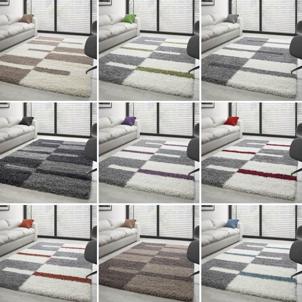 Designer Shaggy Teppich Modern Kariert Design Hochflor Teppich Wohnzimmer