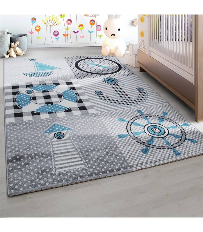 Tapis enfant poils courts phare bateau de mer chambre d'enfant gris beige