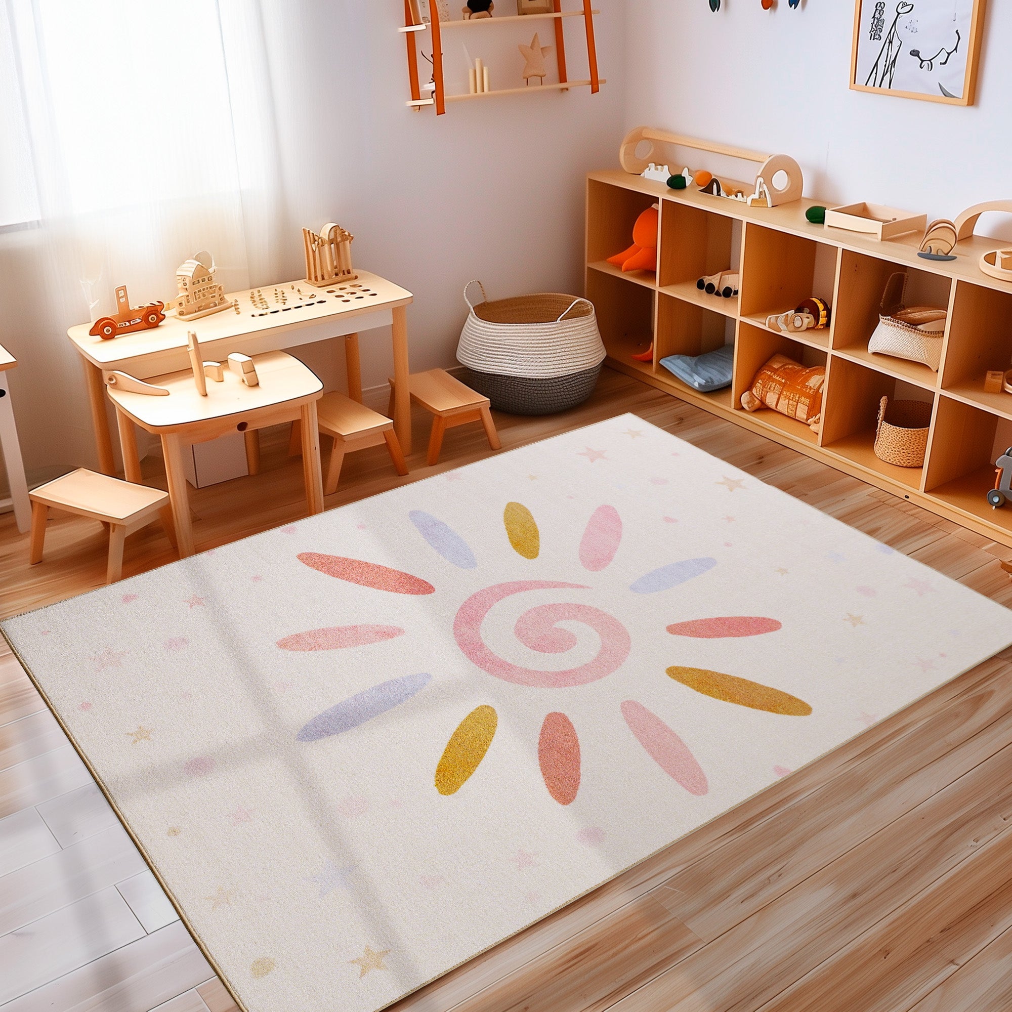 Cream-colored children's rug for girls and boys, fluffy, washable, soft