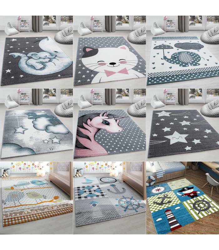 Tapis enfant poils courts phare bateau de mer chambre d'enfant gris beige