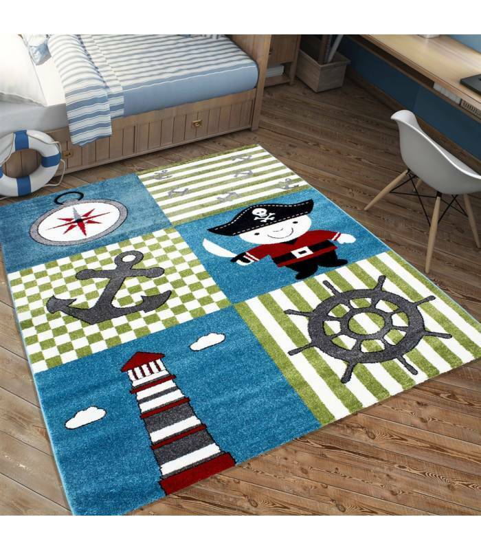 Tapis enfant poils courts phare bateau de mer chambre d'enfant gris beige