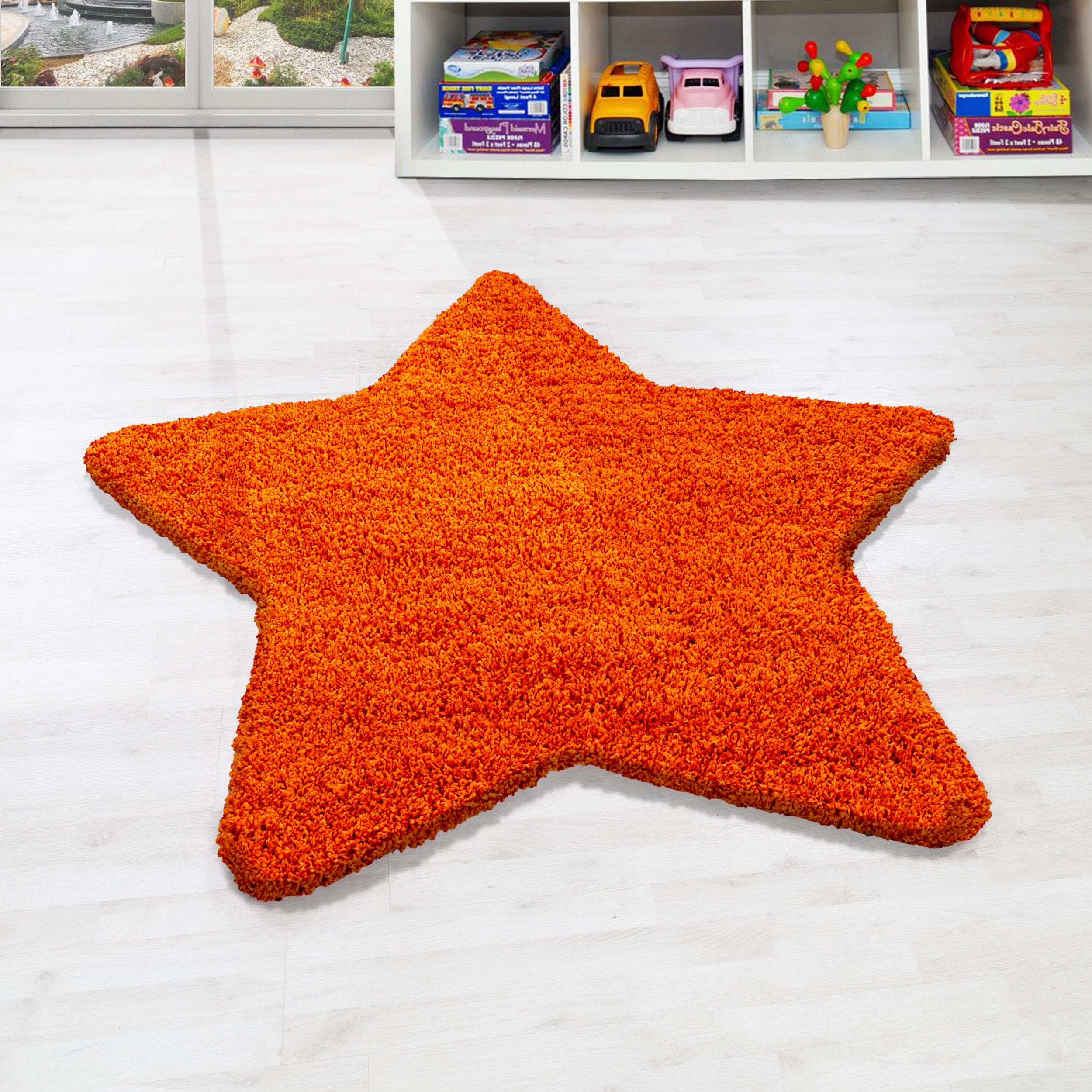 Rug star shape children's rug high pile shaggy star pattern orange color