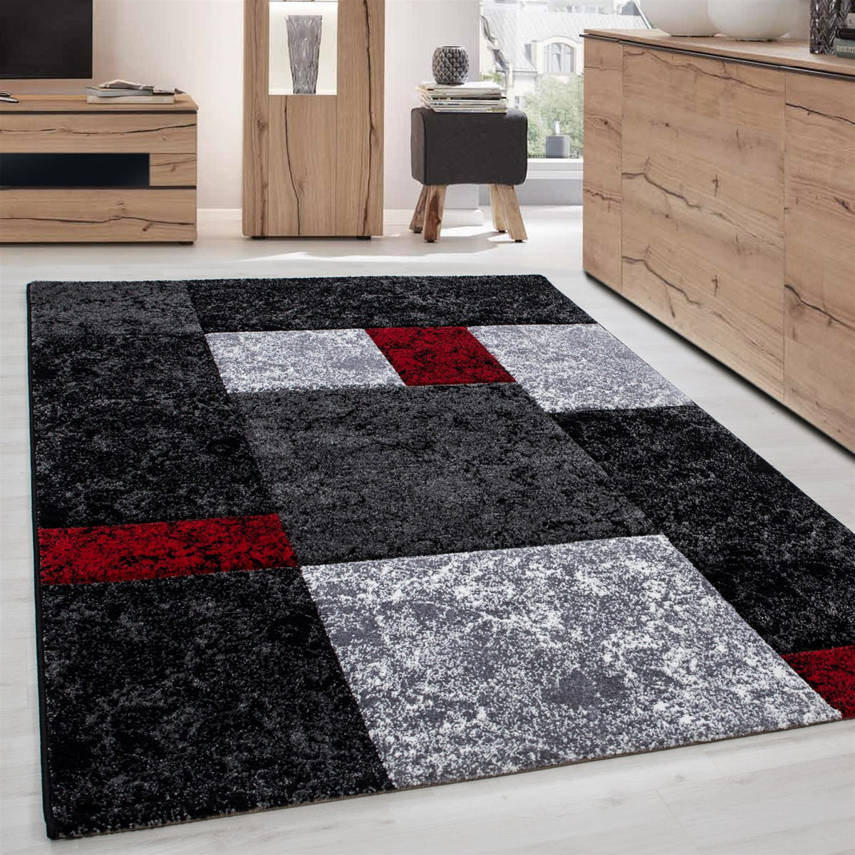 Designer Wohnzimmer Teppich Kurzflor Modern Kariert Design Soft Konturenschnitt