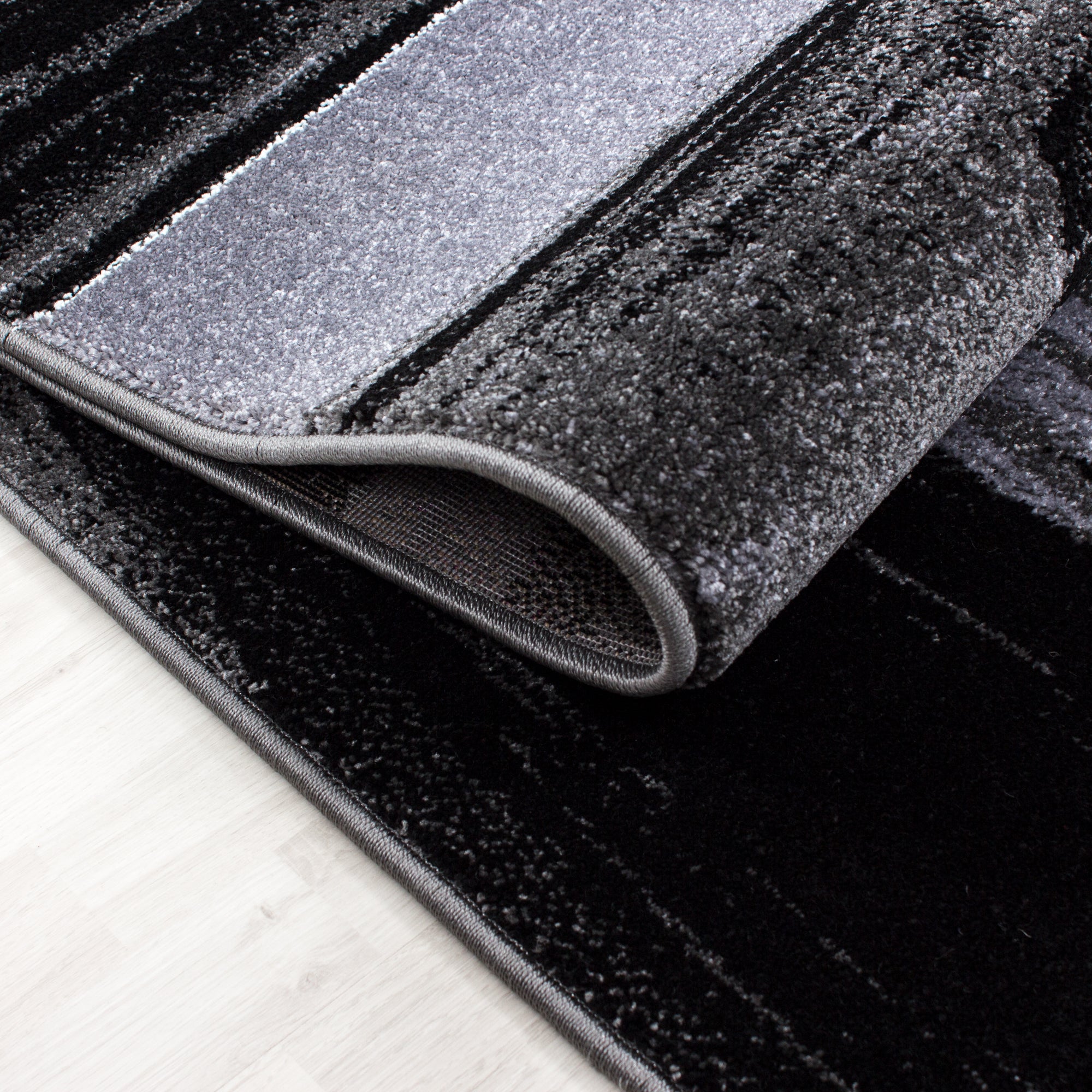 Kurzflor Teppich Läufer-Set Bettumrandung Kacheldesign Grau Schwarz meliert