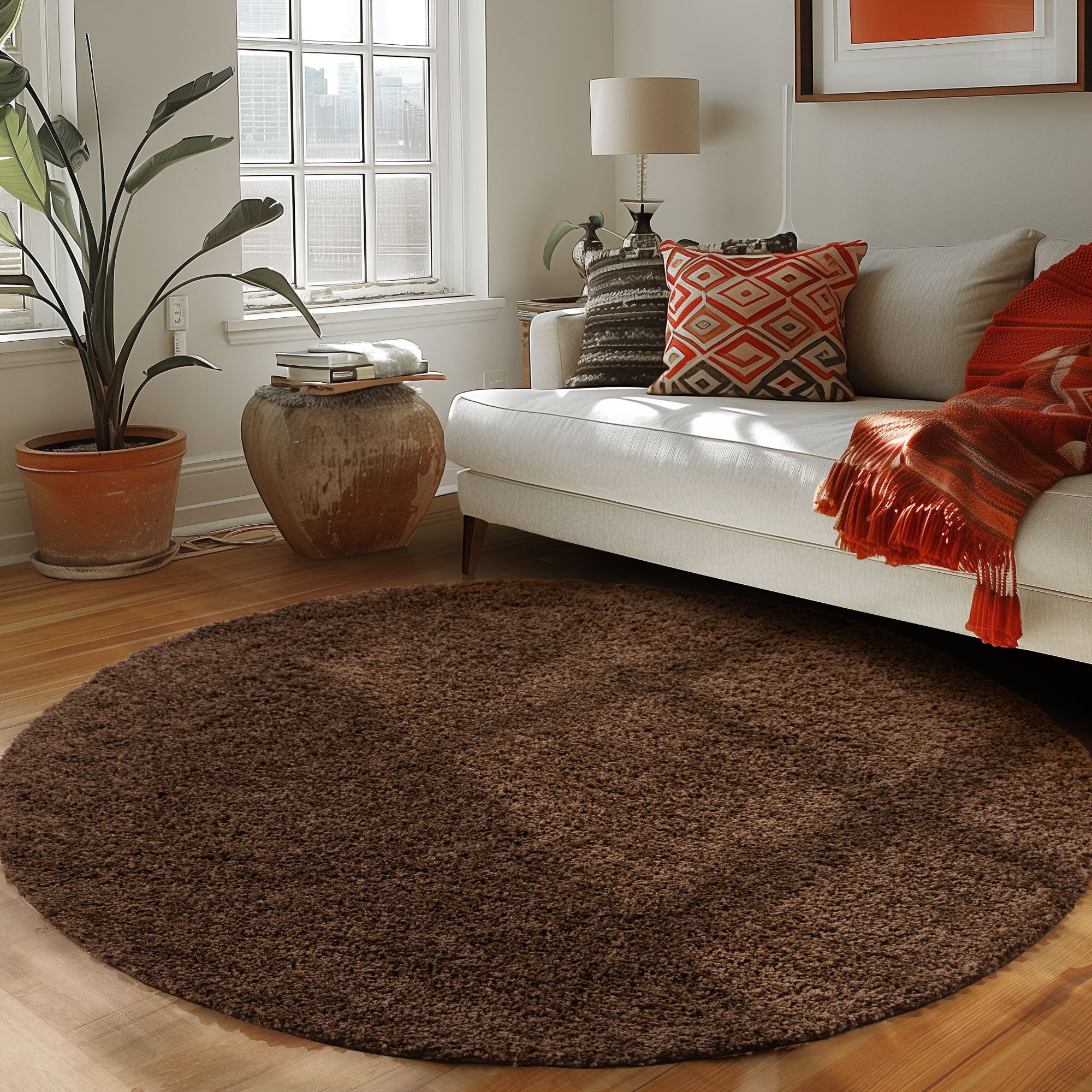 Runder Teppich Wohnzimmer Hochflor Einfarbiges Design Langflor Shaggy Modern