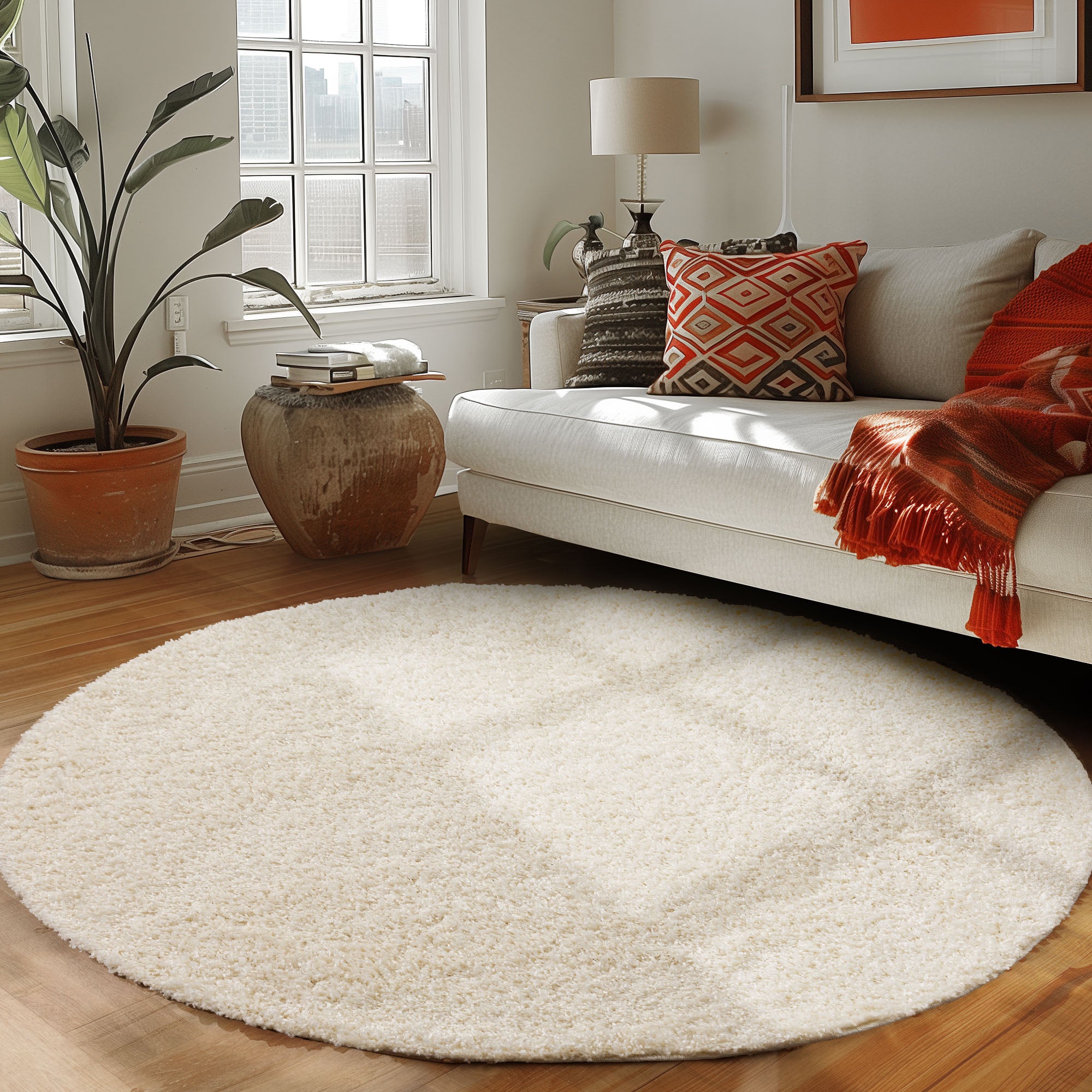 Runder Teppich Wohnzimmer Hochflor Einfarbiges Design Langflor Shaggy Modern