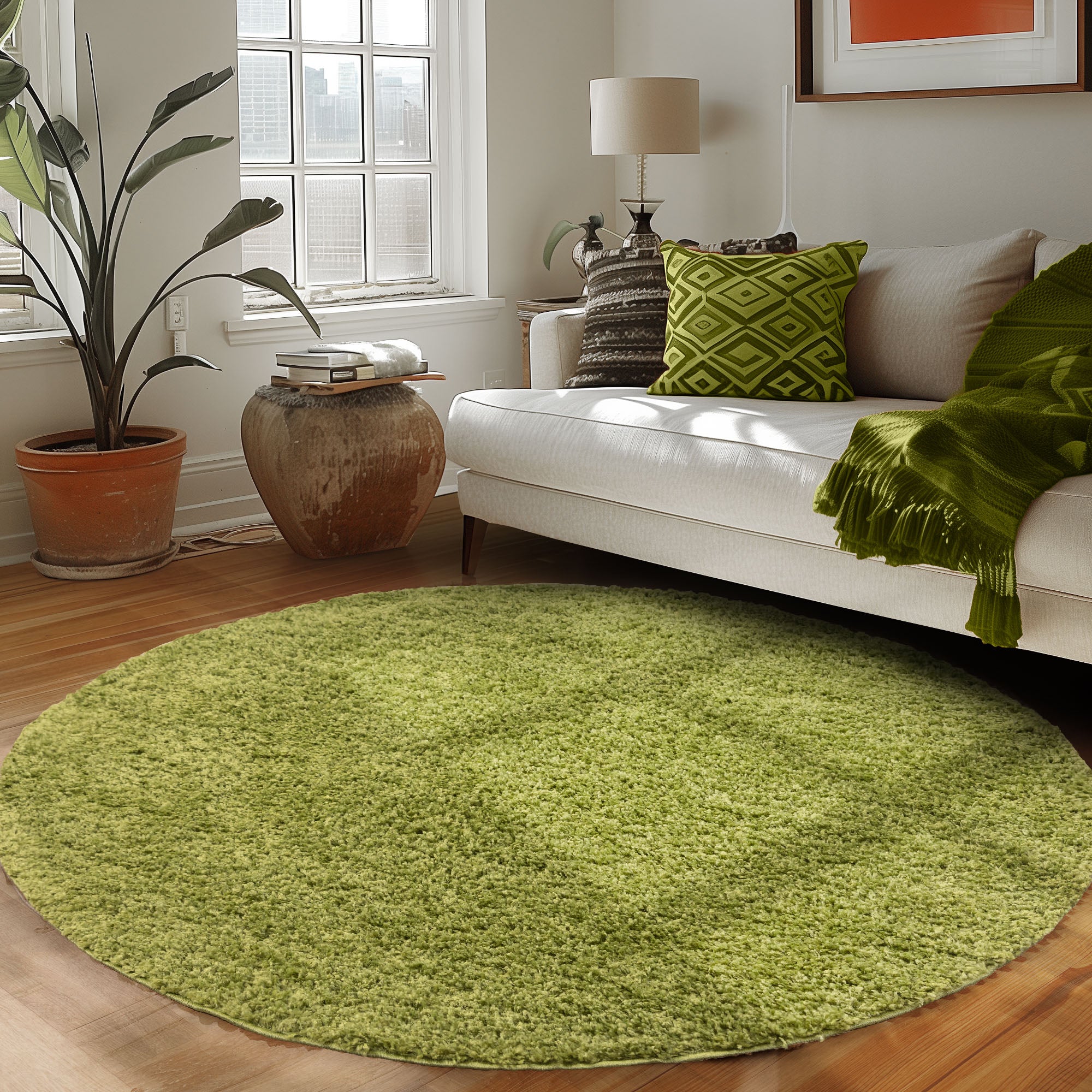 Runder Teppich Wohnzimmer Hochflor Einfarbiges Design Langflor Shaggy Modern