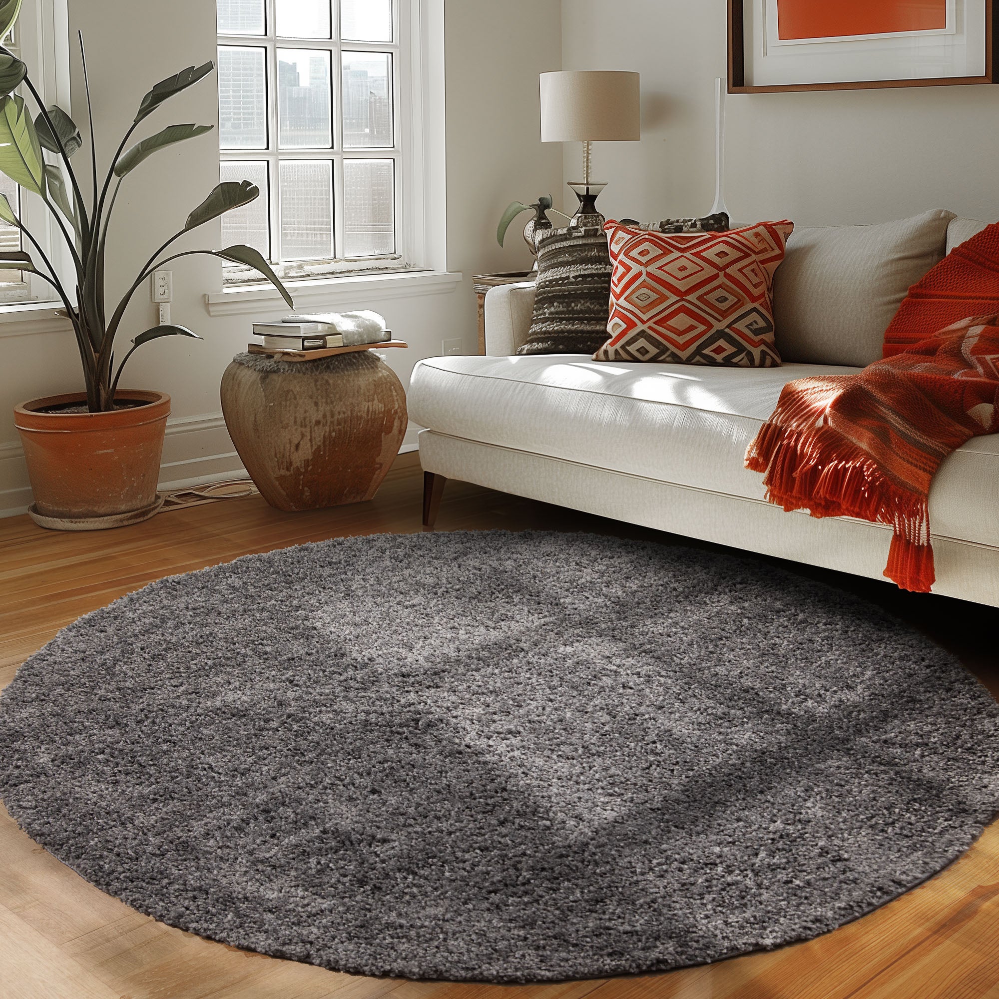 Runder Teppich Wohnzimmer Hochflor Einfarbiges Design Langflor Shaggy Modern