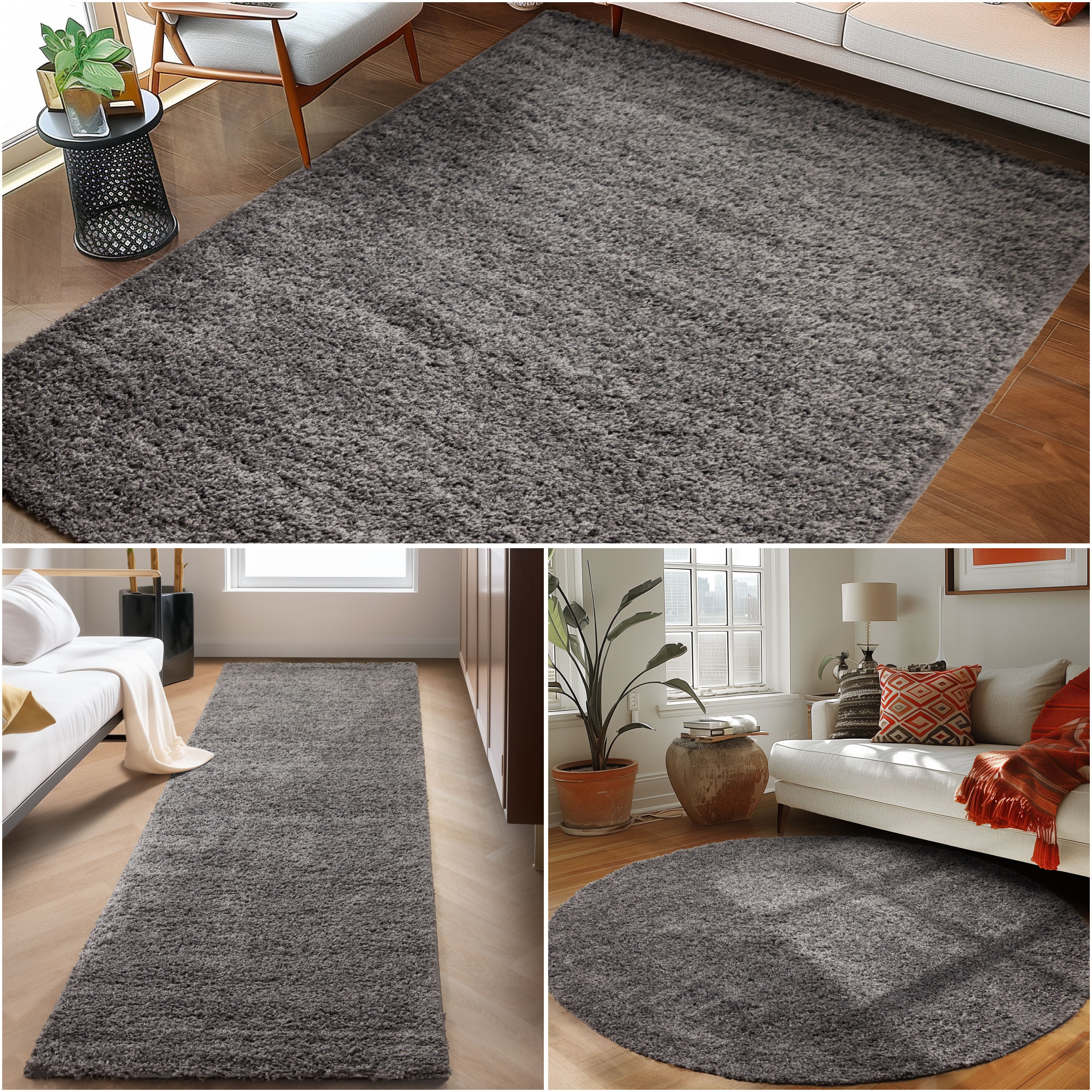 Runder Teppich Wohnzimmer Hochflor Einfarbiges Design Langflor Shaggy Modern
