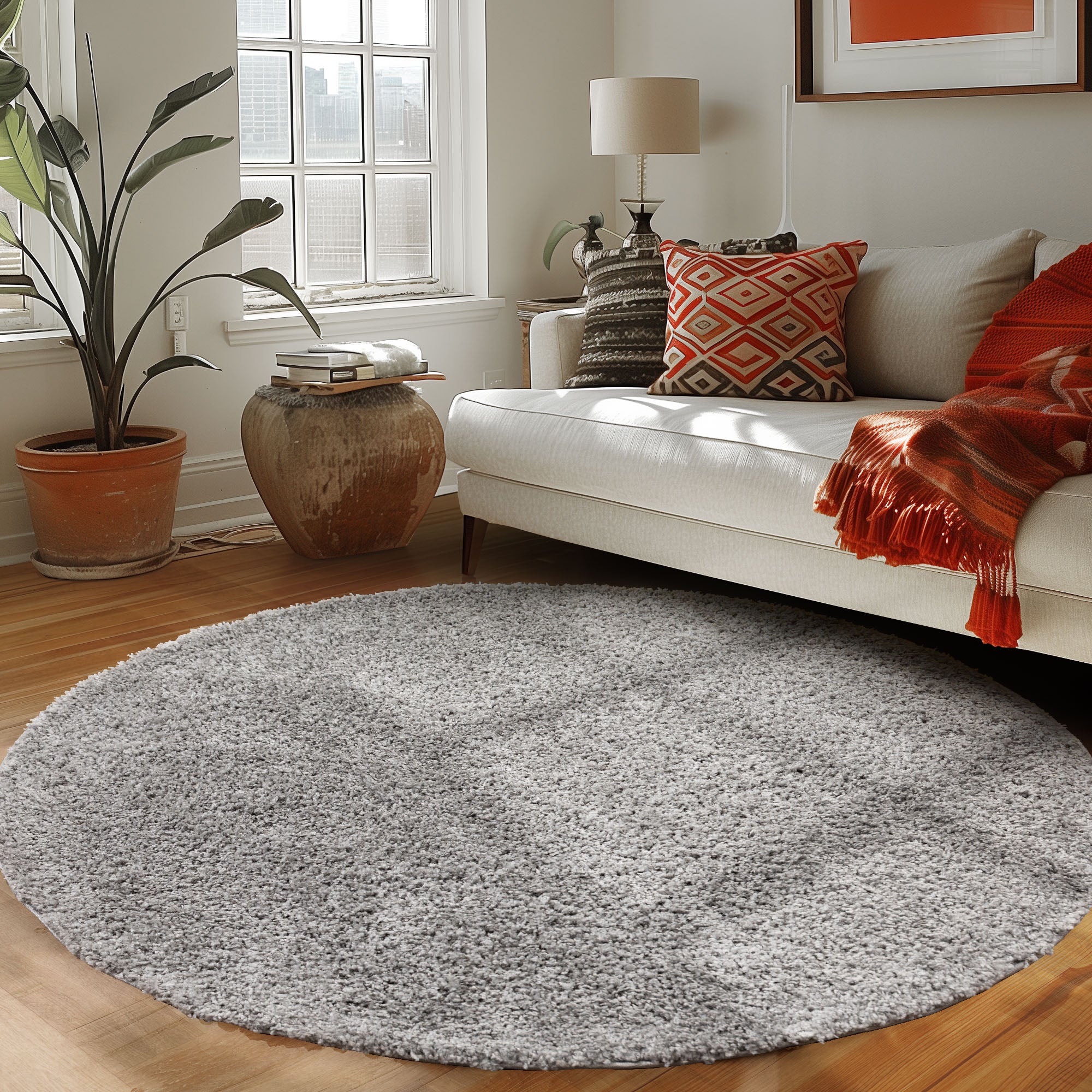 Runder Teppich Wohnzimmer Hochflor Einfarbiges Design Langflor Shaggy Modern