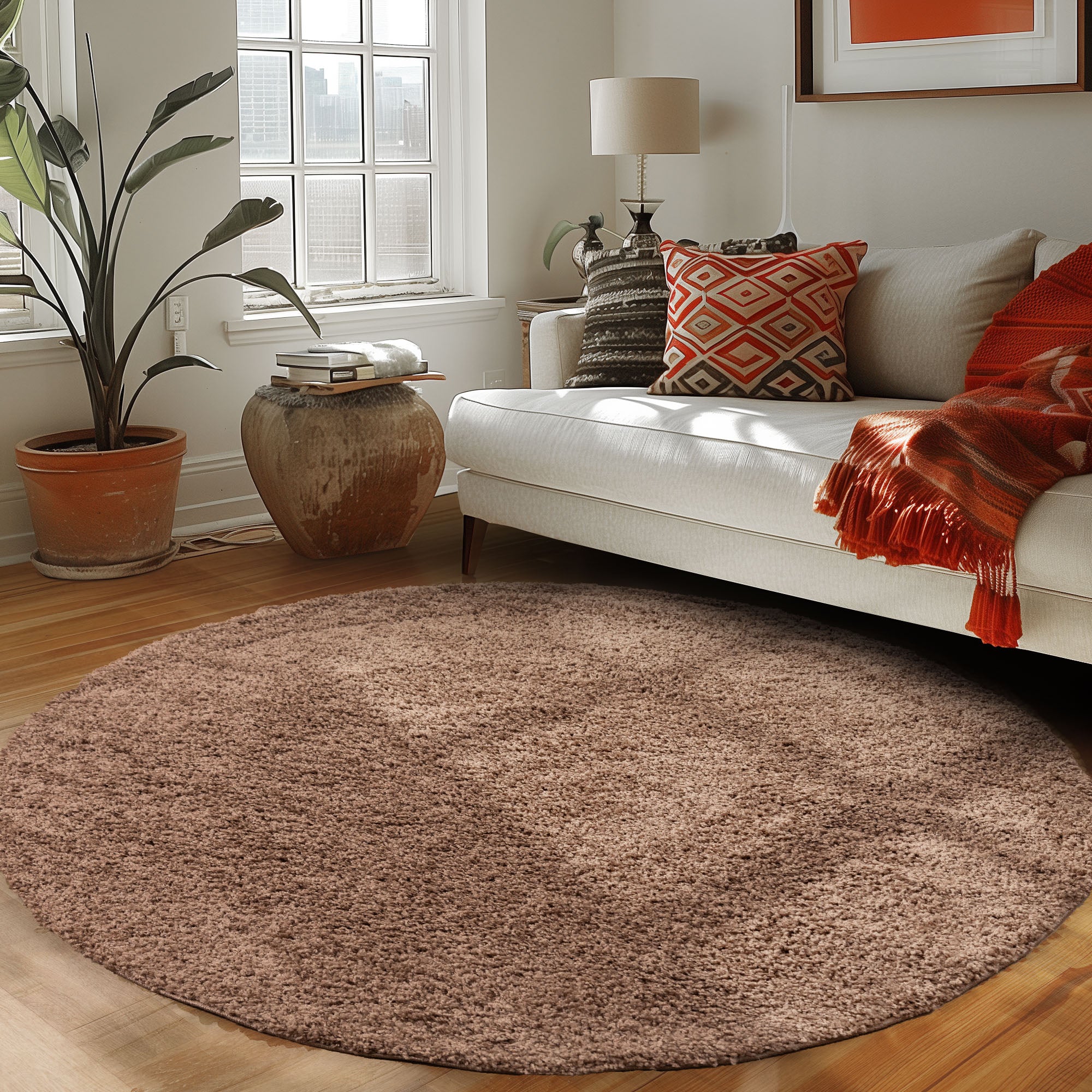 Runder Teppich Wohnzimmer Hochflor Einfarbiges Design Langflor Shaggy Modern