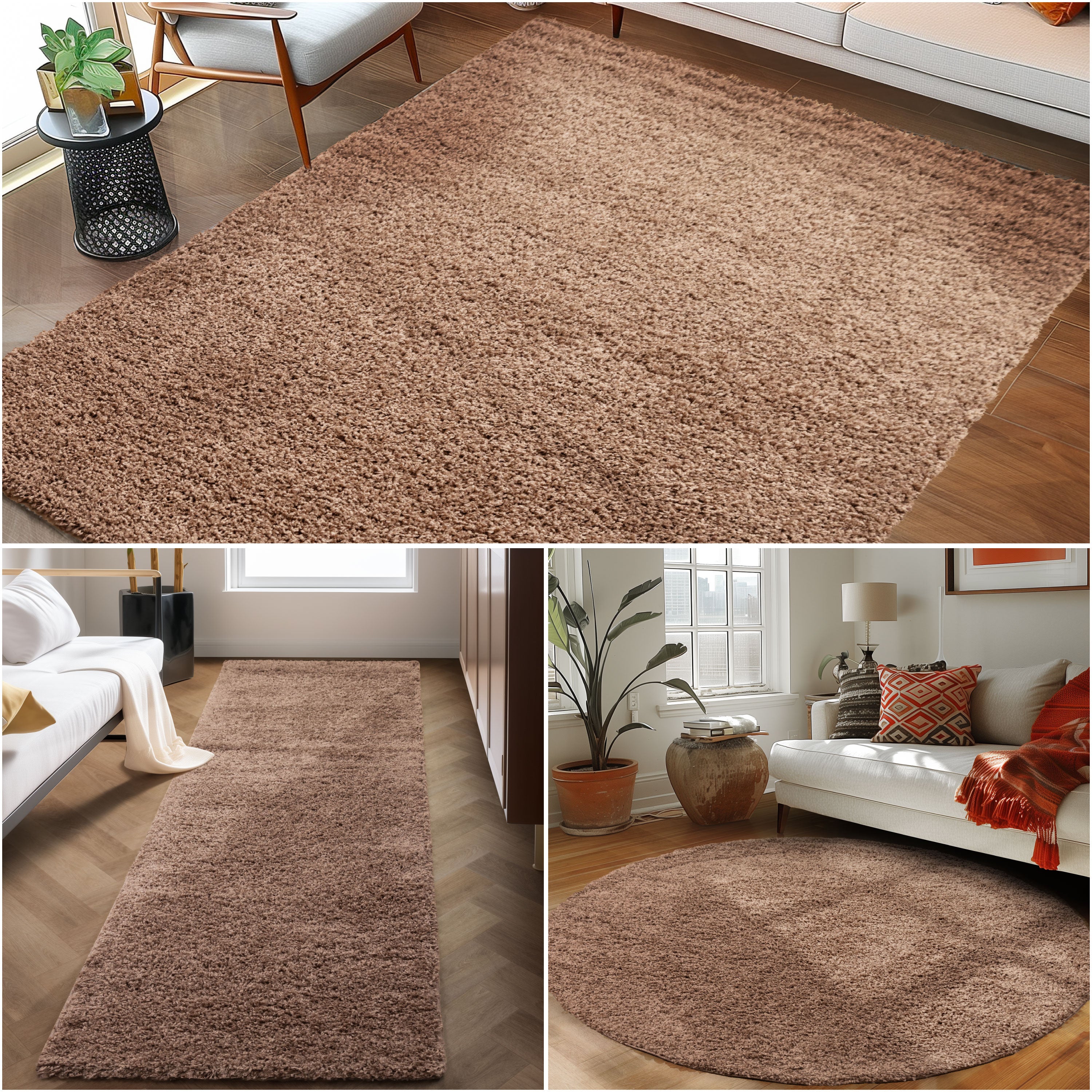 Runder Teppich Wohnzimmer Hochflor Einfarbiges Design Langflor Shaggy Modern