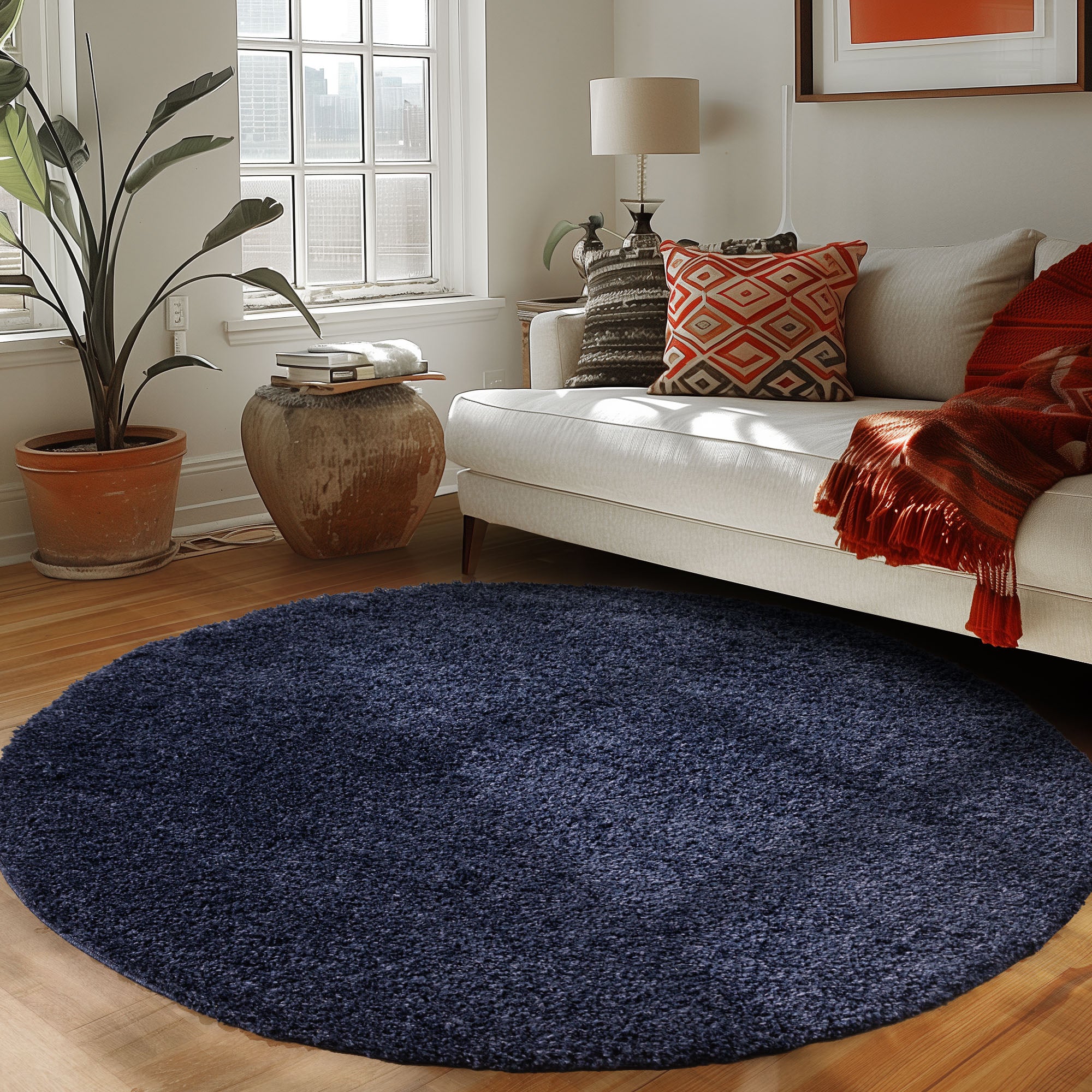 Runder Teppich Wohnzimmer Hochflor Einfarbiges Design Langflor Shaggy Modern