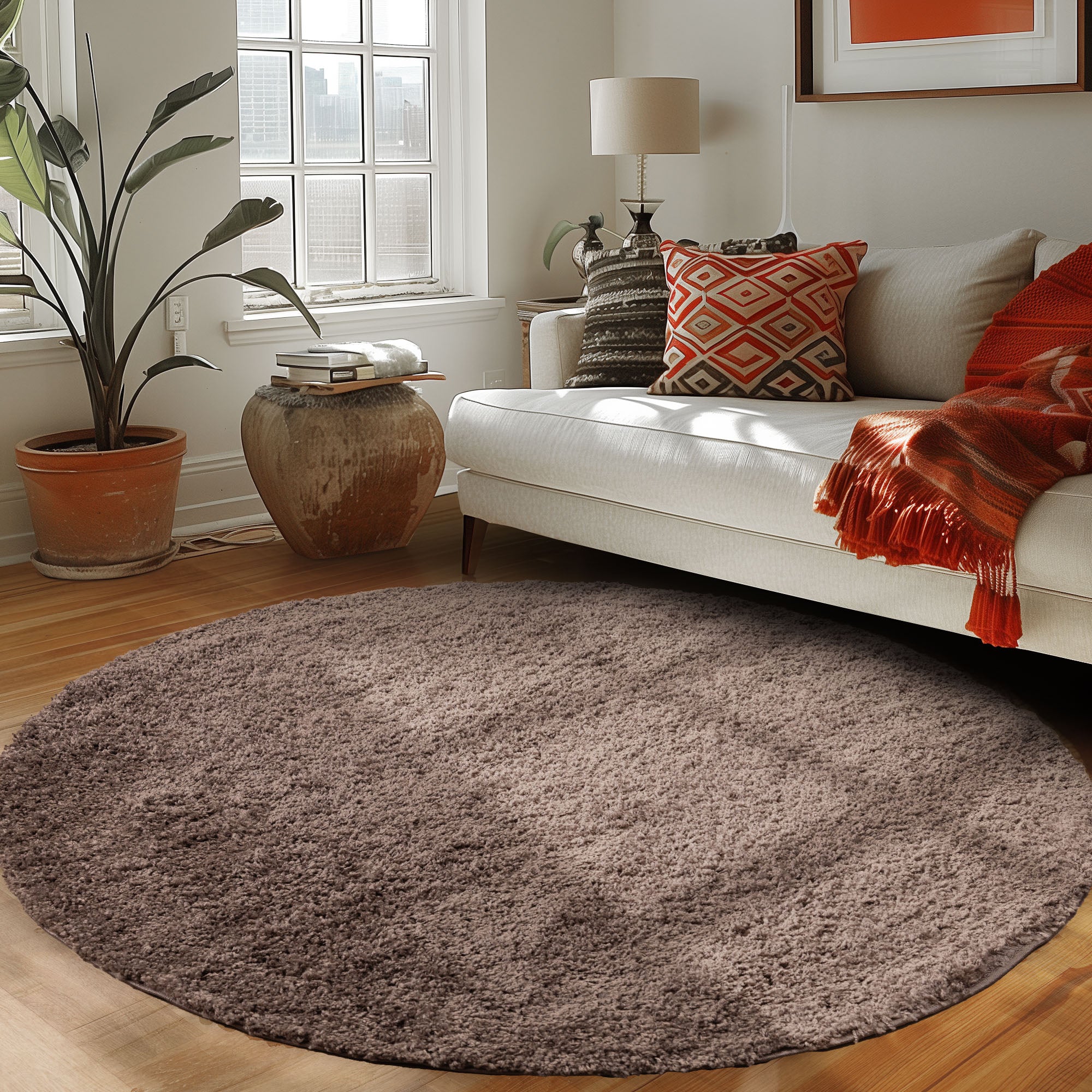 Runder Teppich Wohnzimmer Hochflor Einfarbiges Design Langflor Shaggy Modern
