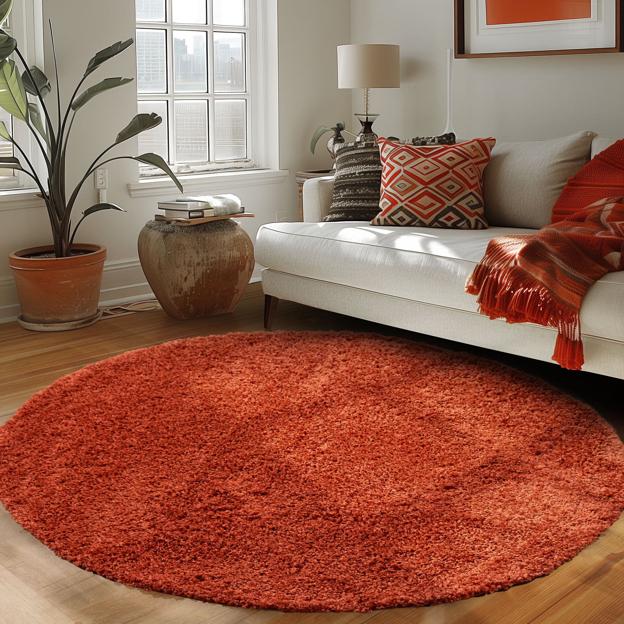 Runder Teppich Wohnzimmer Hochflor Einfarbiges Design Langflor Shaggy Modern