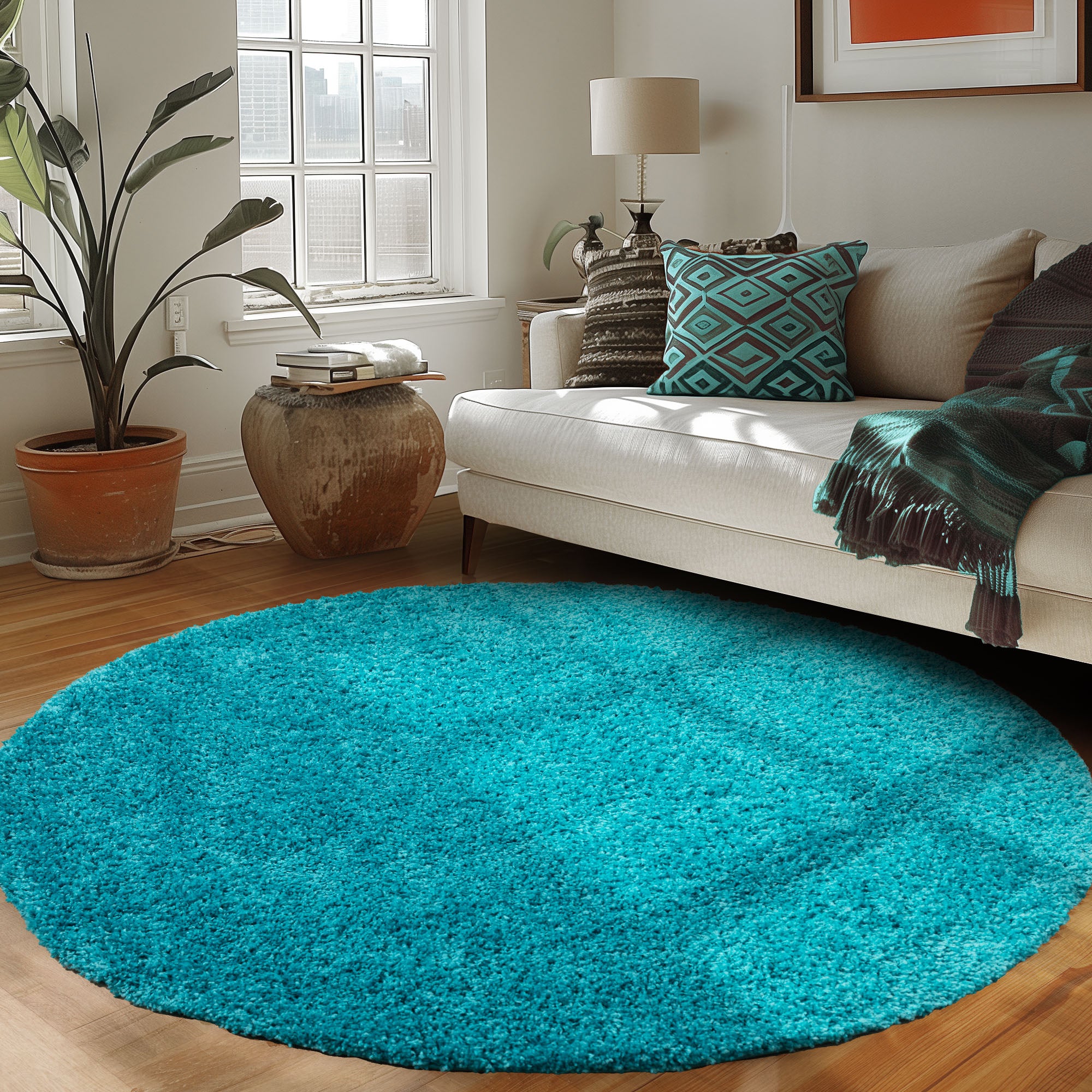 Runder Teppich Wohnzimmer Hochflor Einfarbiges Design Langflor Shaggy Modern