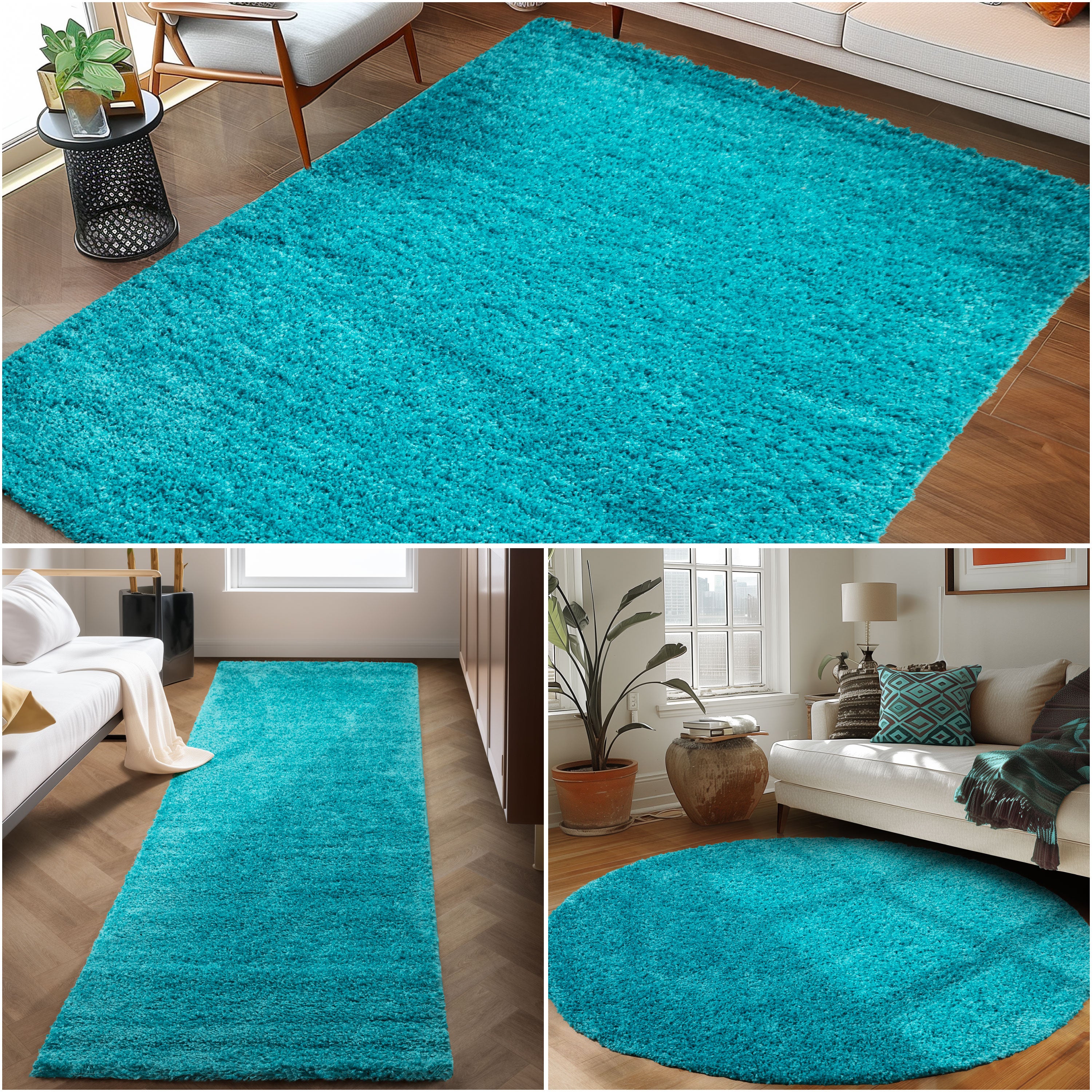 Runder Teppich Wohnzimmer Hochflor Einfarbiges Design Langflor Shaggy Modern
