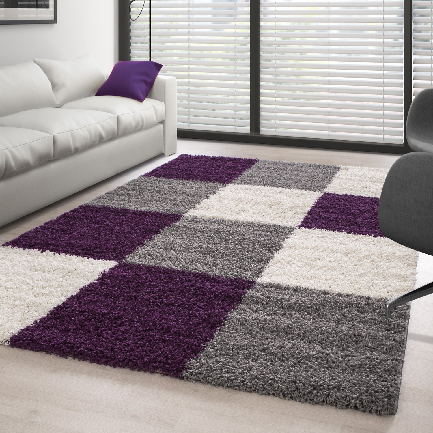 Tapis à poils longs, tapis à poils longs, tapis de salon, motif à carreaux