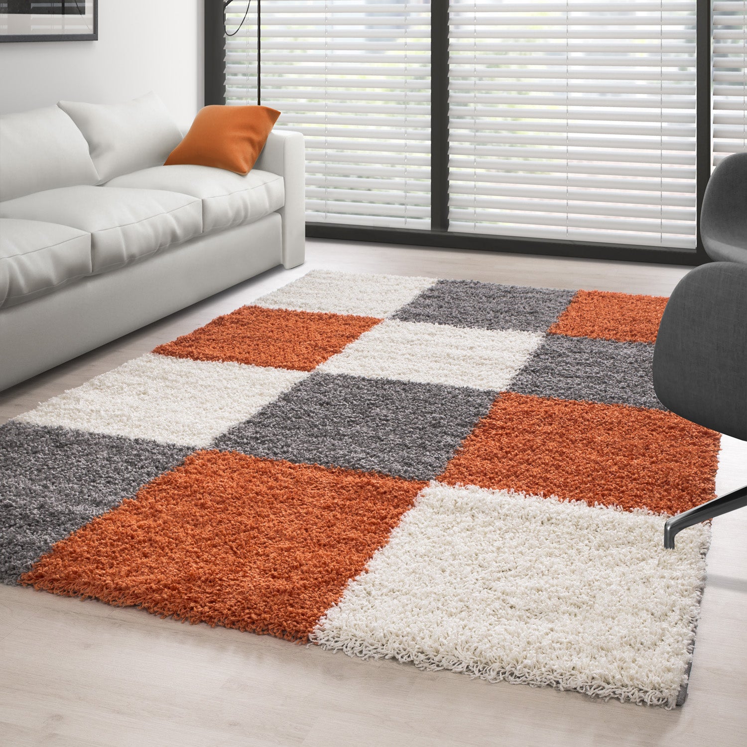 Tapis à poils longs, tapis à poils longs, tapis de salon, motif à carreaux