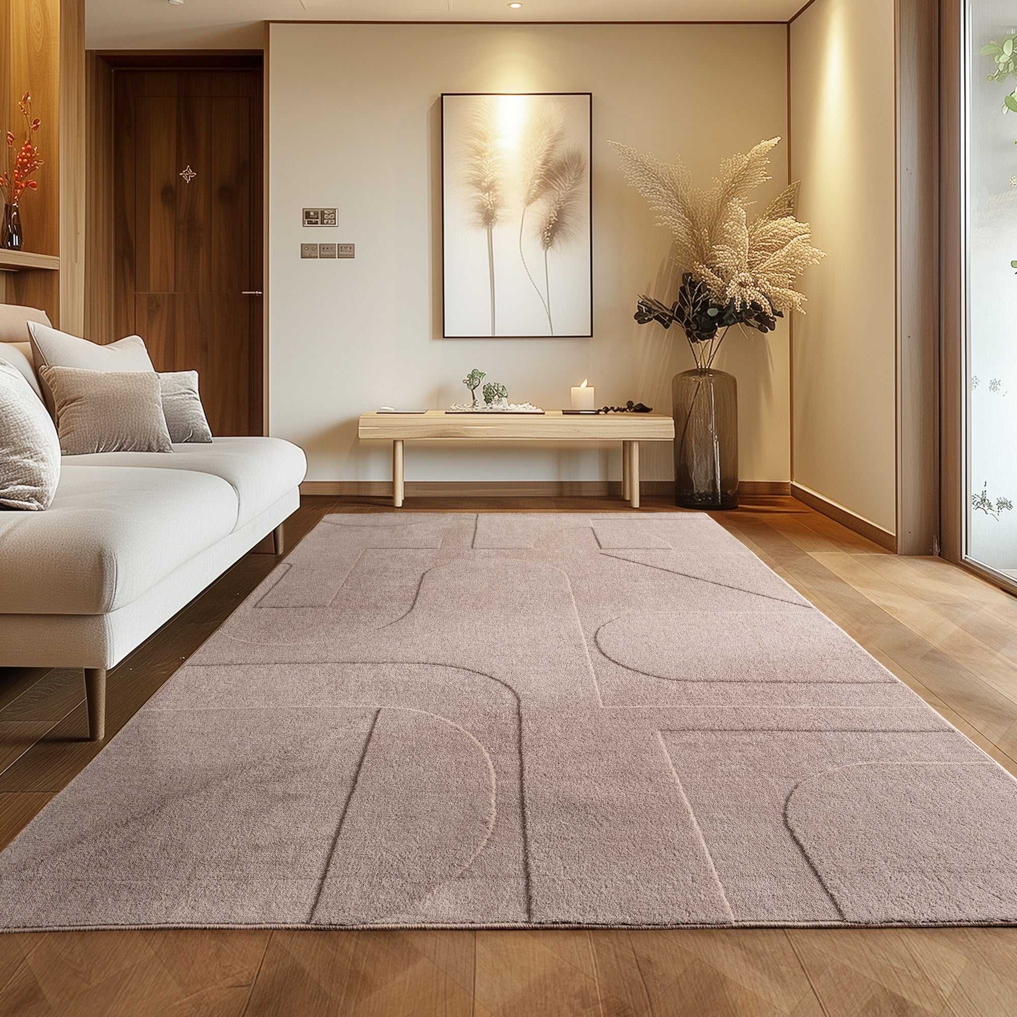 Skandinavischer Teppich Boho Design Einfarbig Beige und Creme Waschbarer Teppich