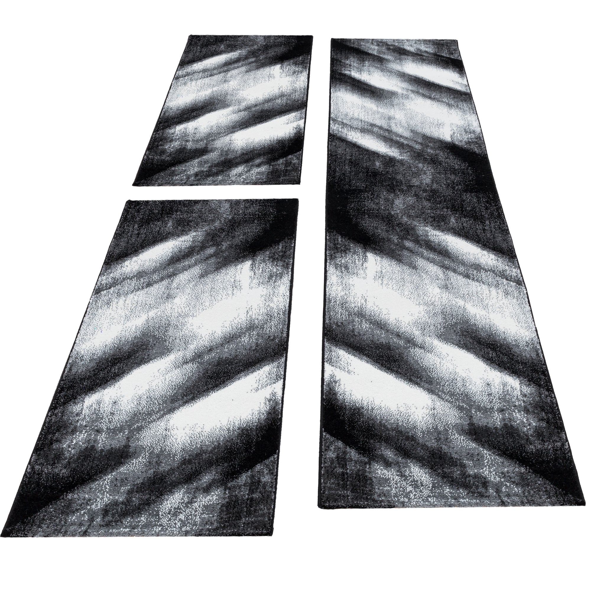 Kurzflor Bettumrandung Teppich 3-teilig Abstrakt Schatten meliert Grau Schwarz