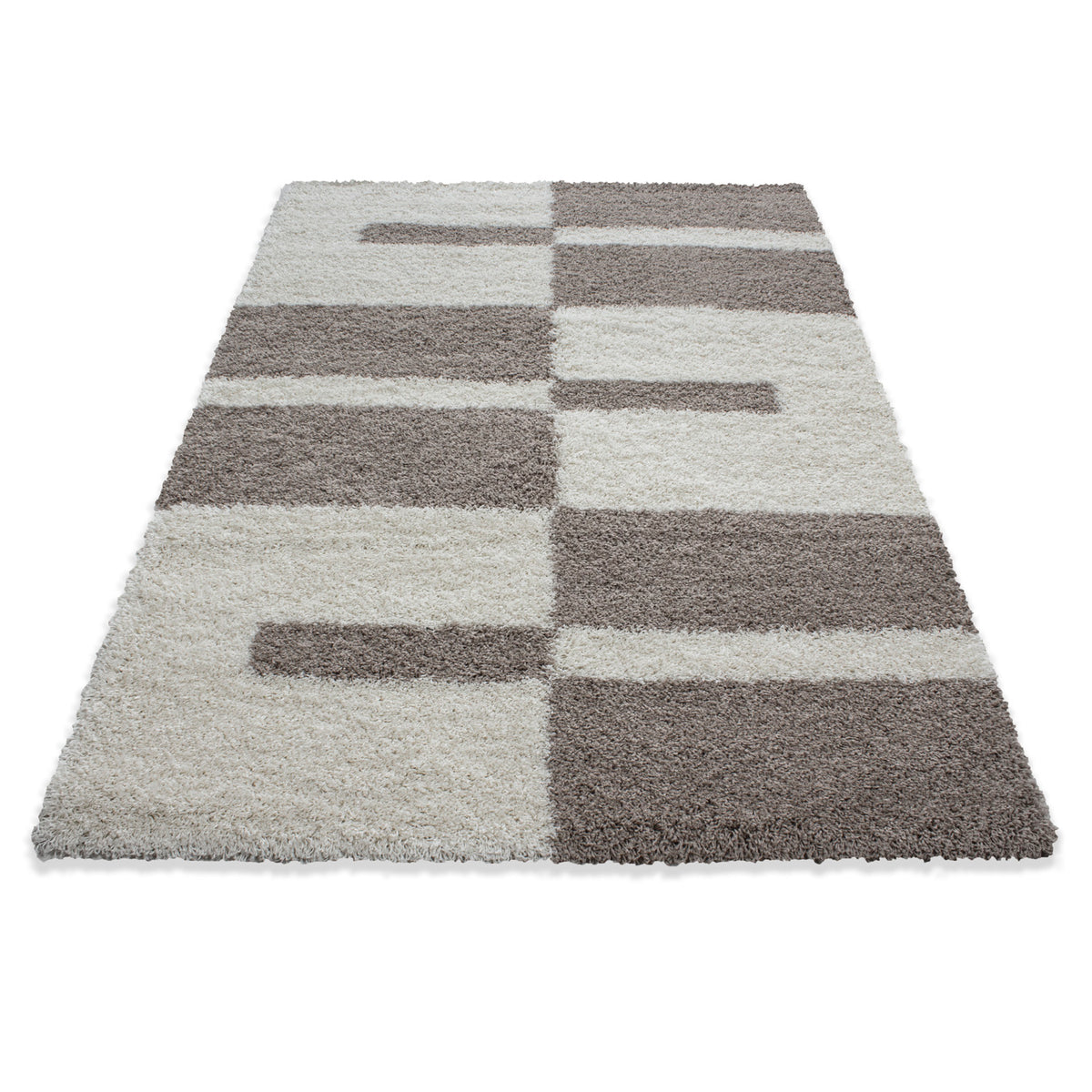 Designer Shaggy Teppich Modern Kariert Design Hochflor Teppich Wohnzimmer