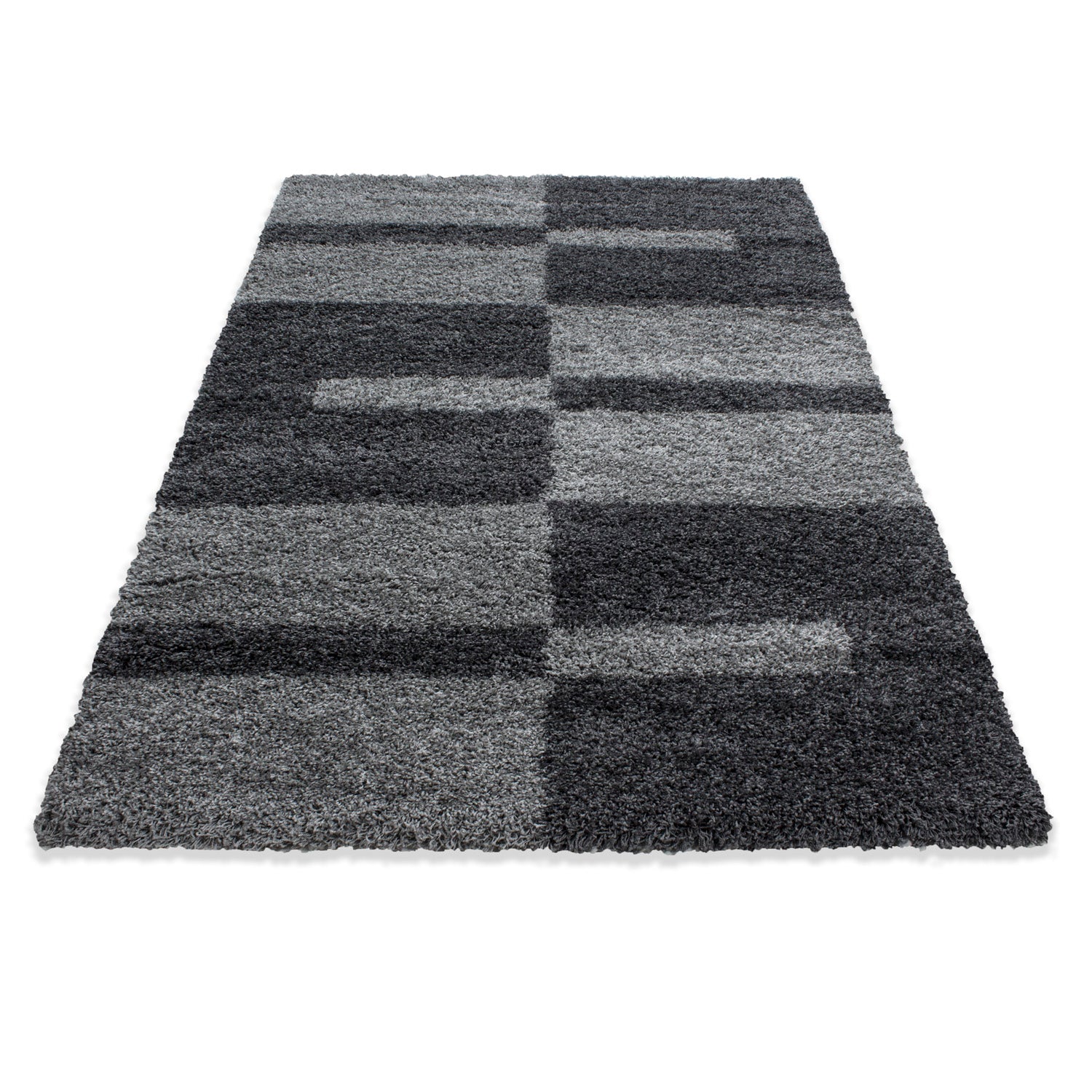 Designer Shaggy Teppich Modern Kariert Design Hochflor Teppich Wohnzimmer