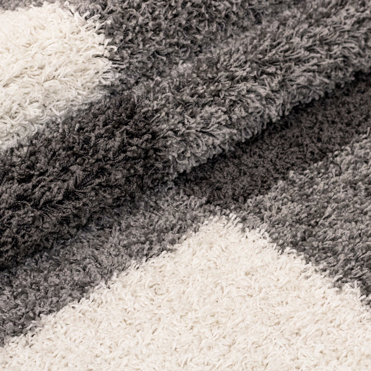 Bettumrandung Hochflor Shaggy Teppich Läuferset 3 teilig Kariert Hellgrau Weiß