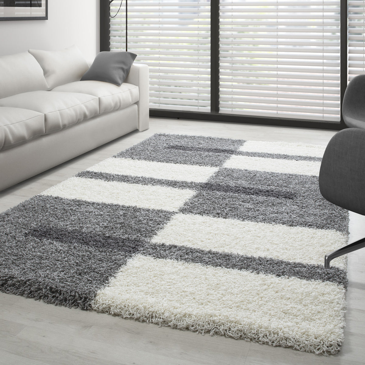 Designer Shaggy Teppich Modern Kariert Design Hochflor Teppich Wohnzimmer