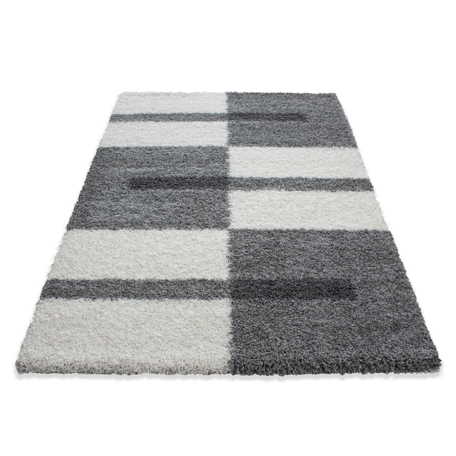 Designer Shaggy Teppich Modern Kariert Design Hochflor Teppich Wohnzimmer