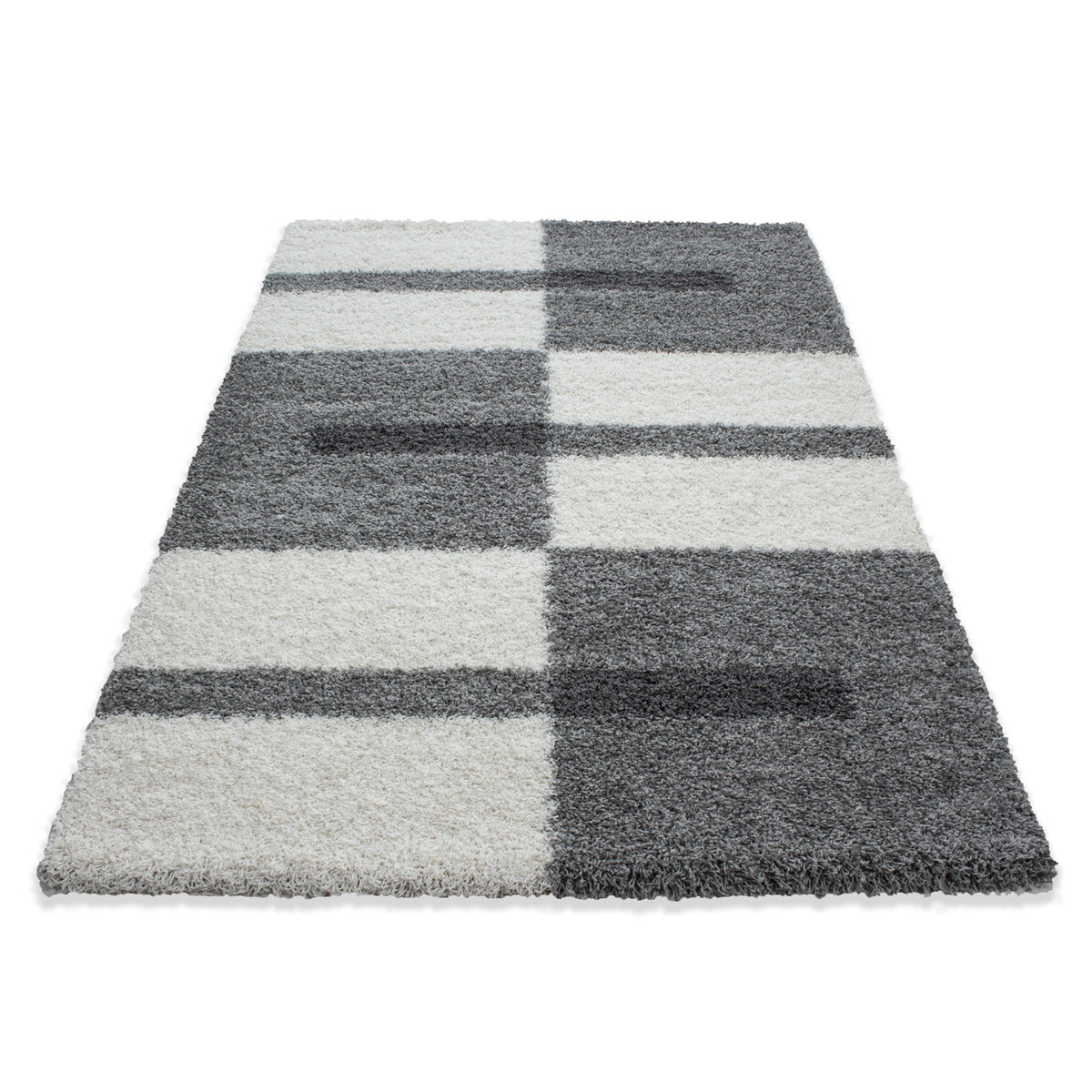 Designer Shaggy Teppich Modern Kariert Design Hochflor Teppich Wohnzimmer
