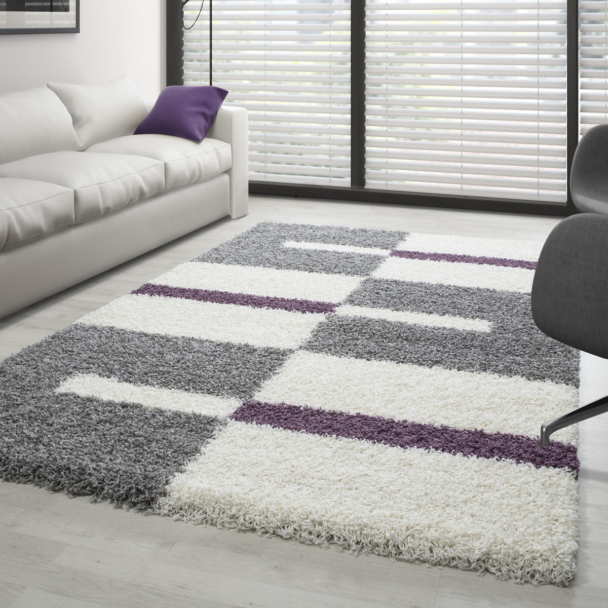 Designer Shaggy Teppich Modern Kariert Design Hochflor Teppich Wohnzimmer