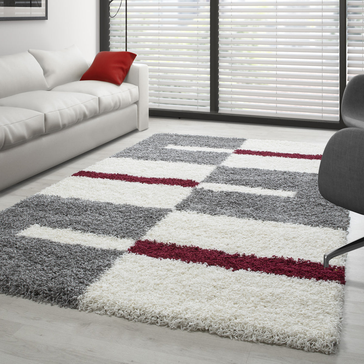 Designer Shaggy Teppich Modern Kariert Design Hochflor Teppich Wohnzimmer