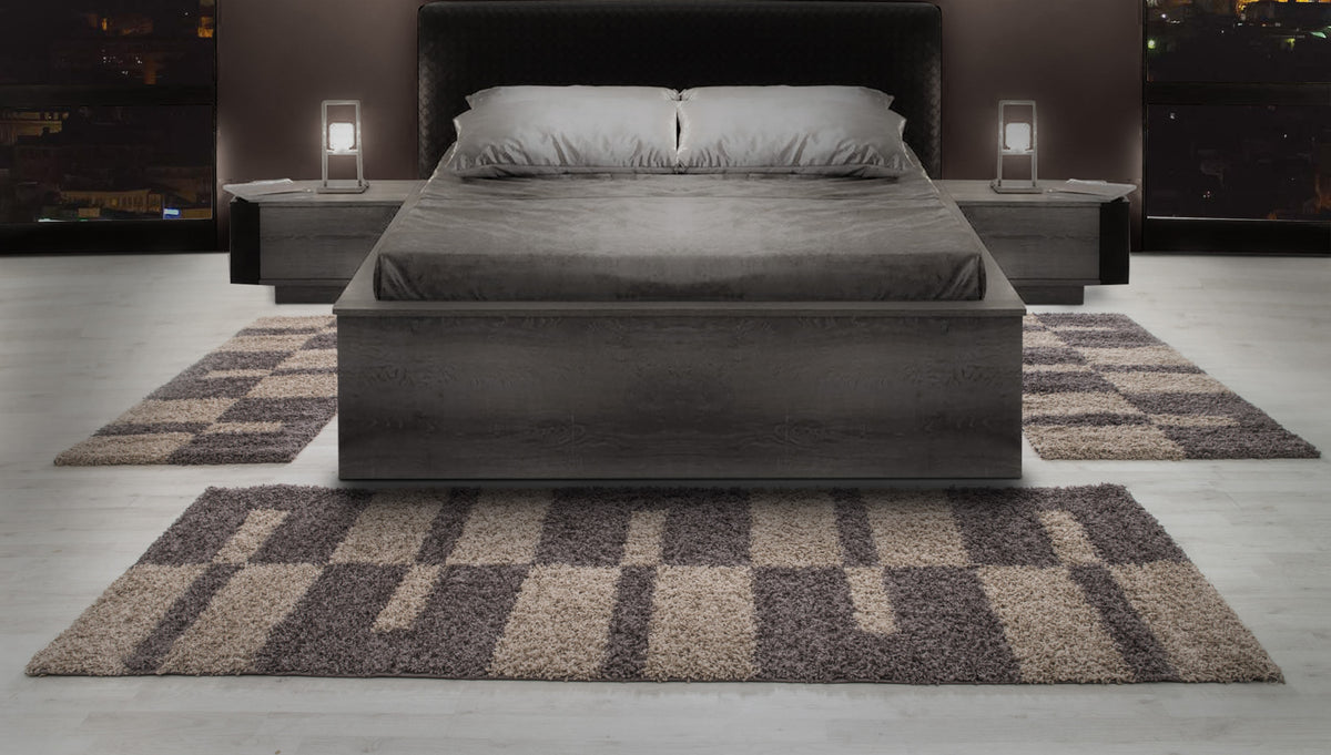 Bettumrandung Hochflor Shaggy Teppich Läuferset 3 teilig Kariert Taupe Beige